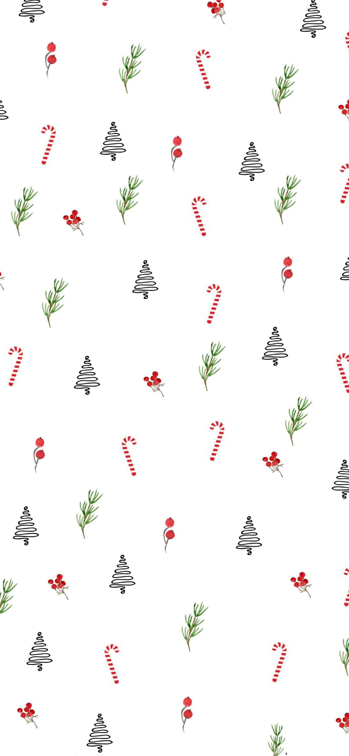 minimalist black Christmas trees, red candy canes, green holly berries, Full HD Phone Wallpaper