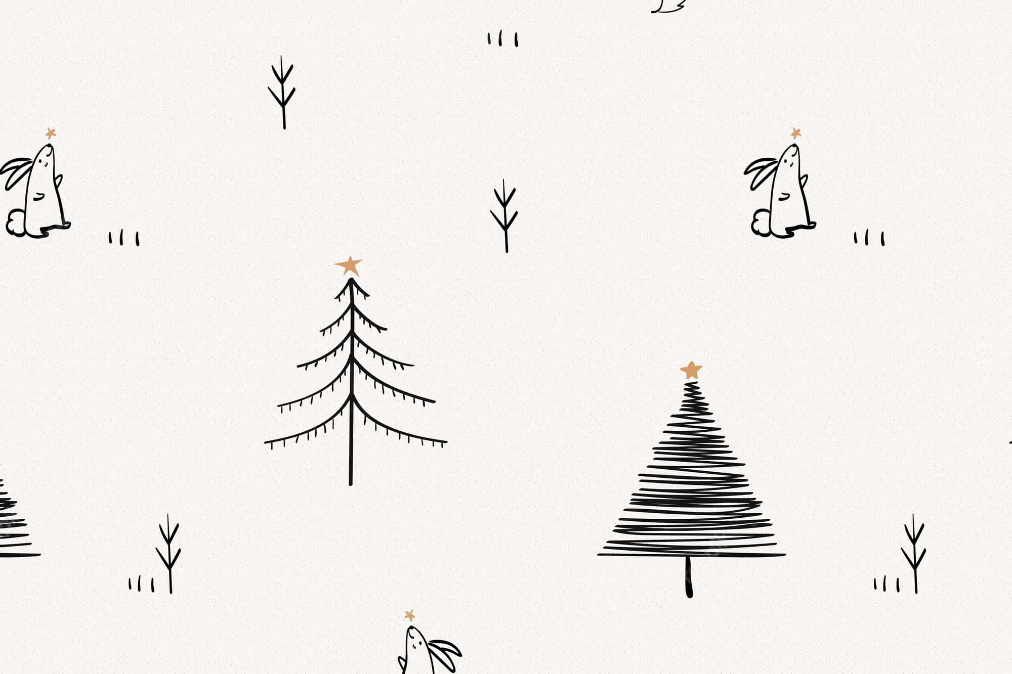 minimalist black line drawings, stylized trees, bunny-like creatures, Full HD Desktop Wallpaper