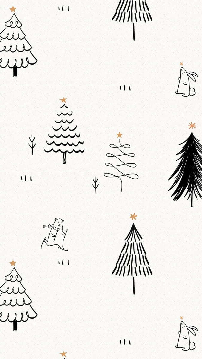 Minimalist Christmas, black and white, illustrated trees, SD Phone Wallpaper
