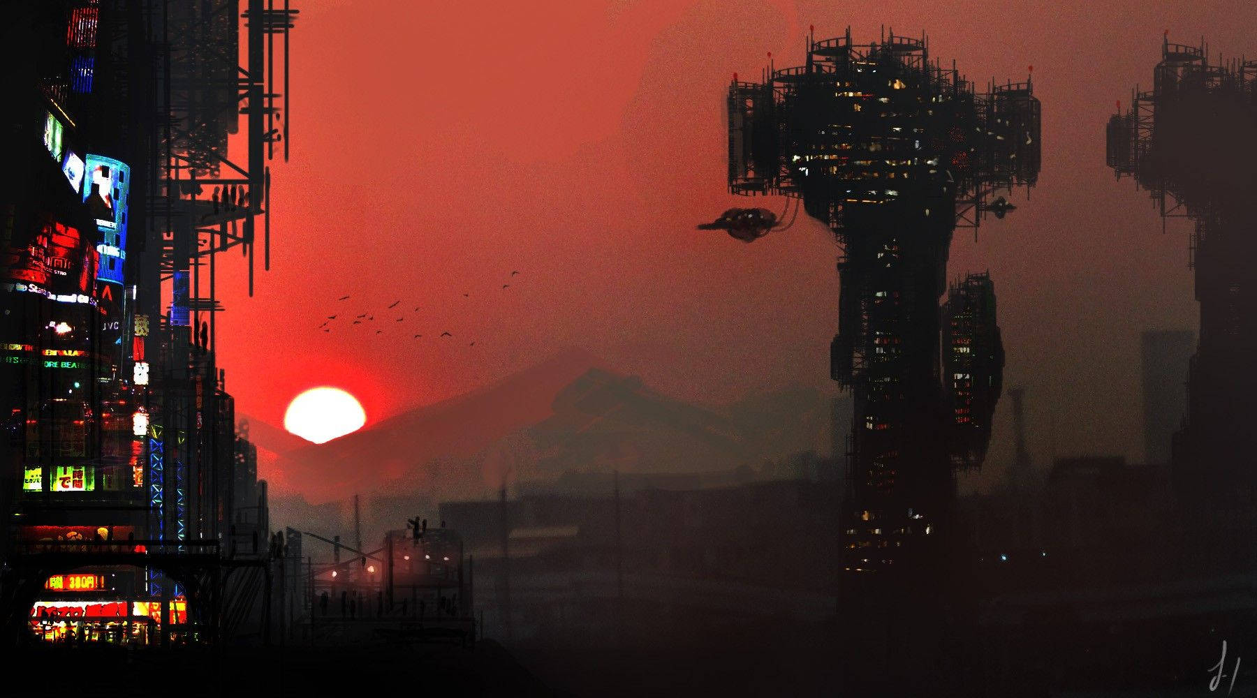 Cyberpunk City Minimalist, sunset, neon-lit buildings, HD Desktop Wallpaper