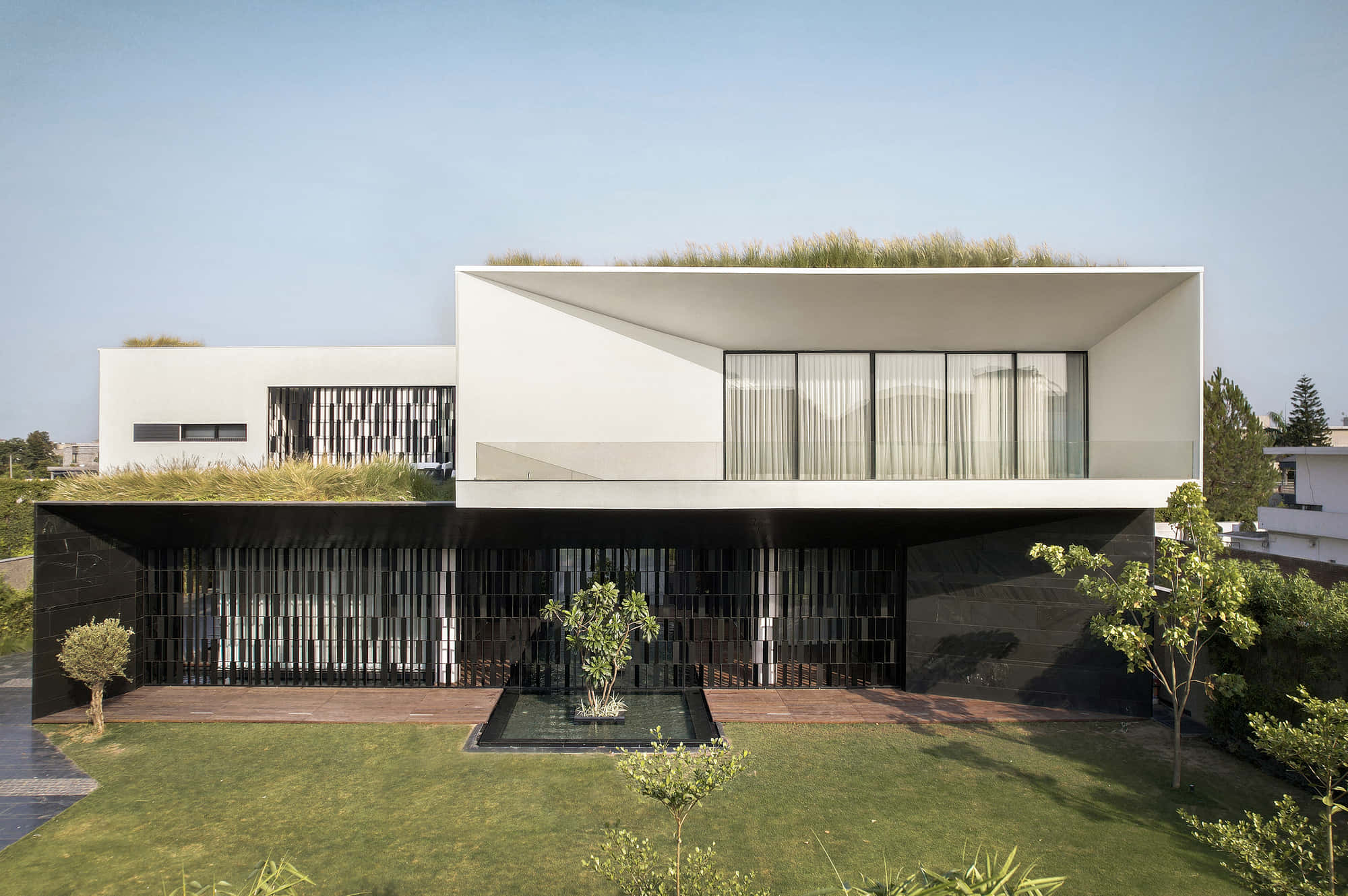 minimalist architecture, modern white house, green roof, Full HD Desktop Wallpaper