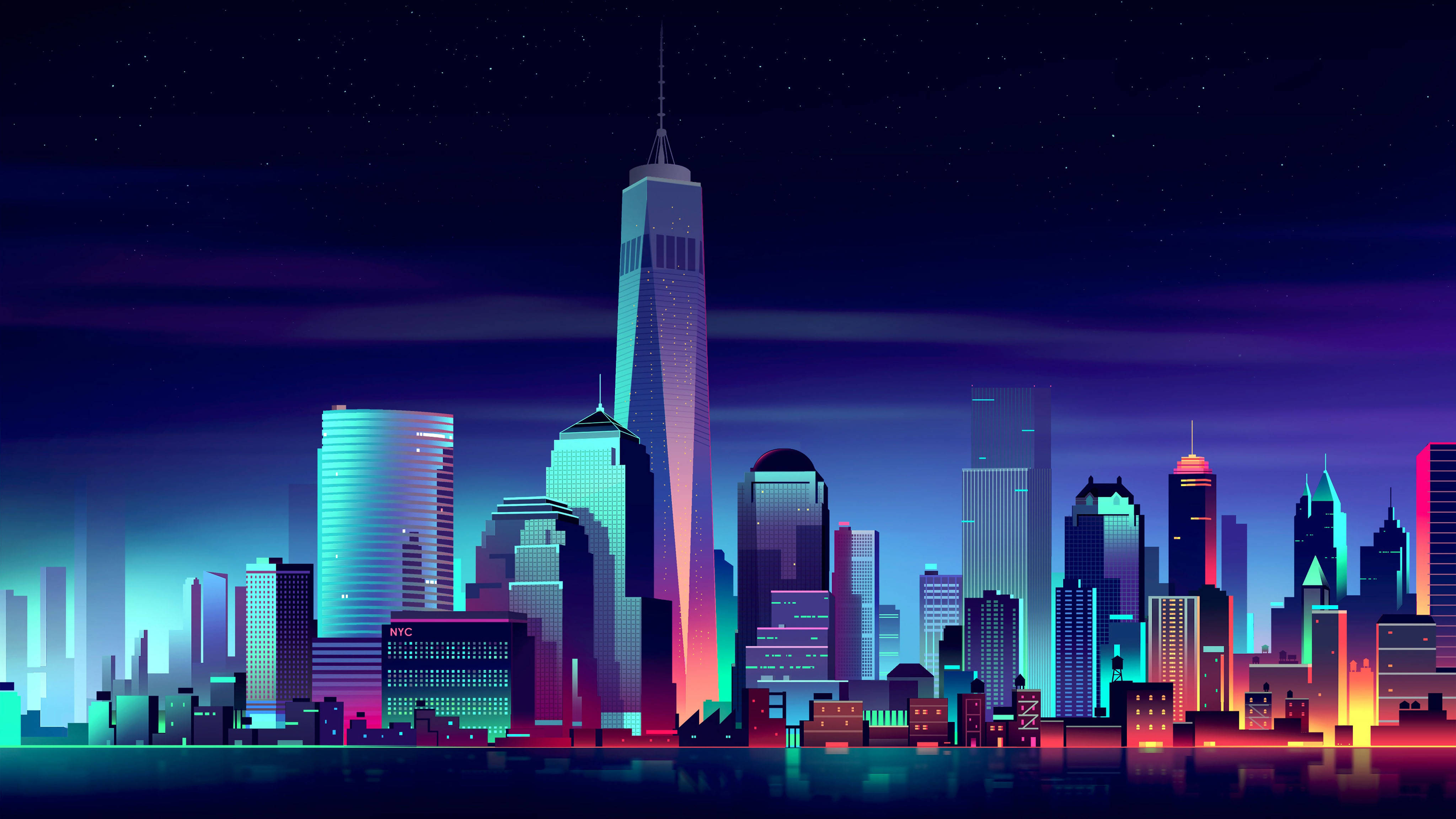 4K, Minimalist New York City, neon-lit skyscrapers, 4K Desktop Wallpaper