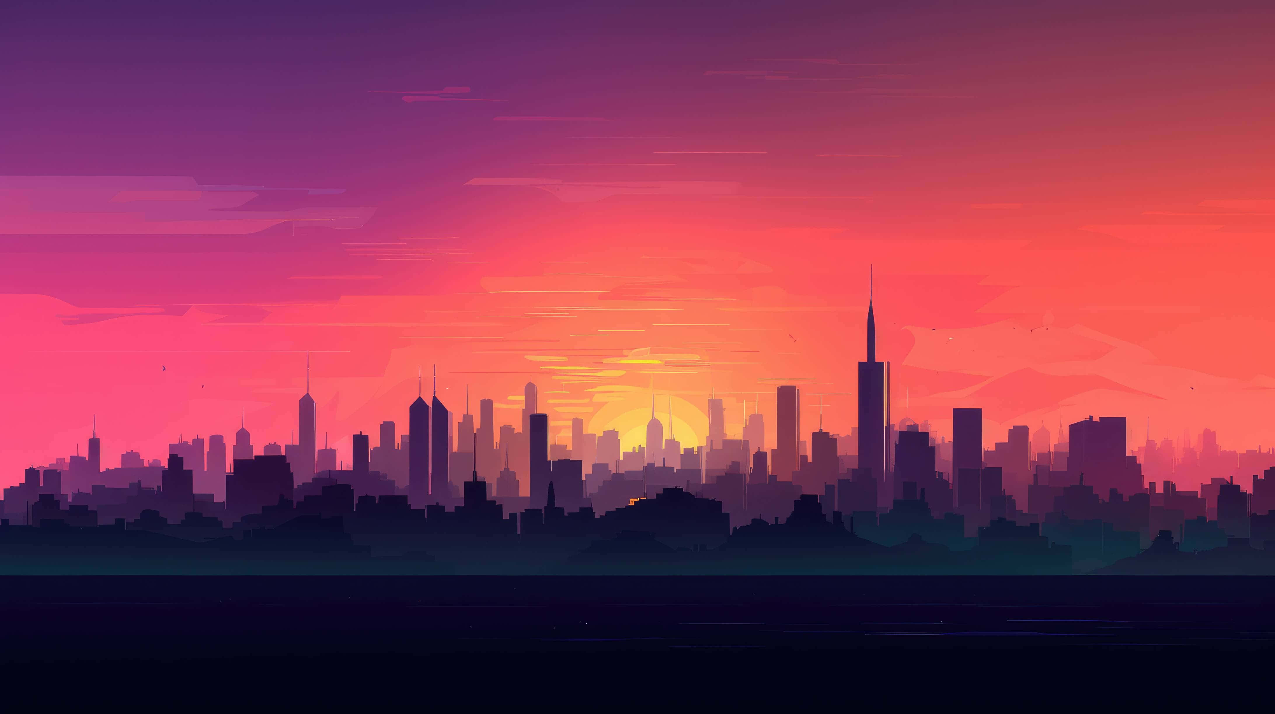 Sunset, Cityscape, Pink, 4K Desktop Wallpaper
