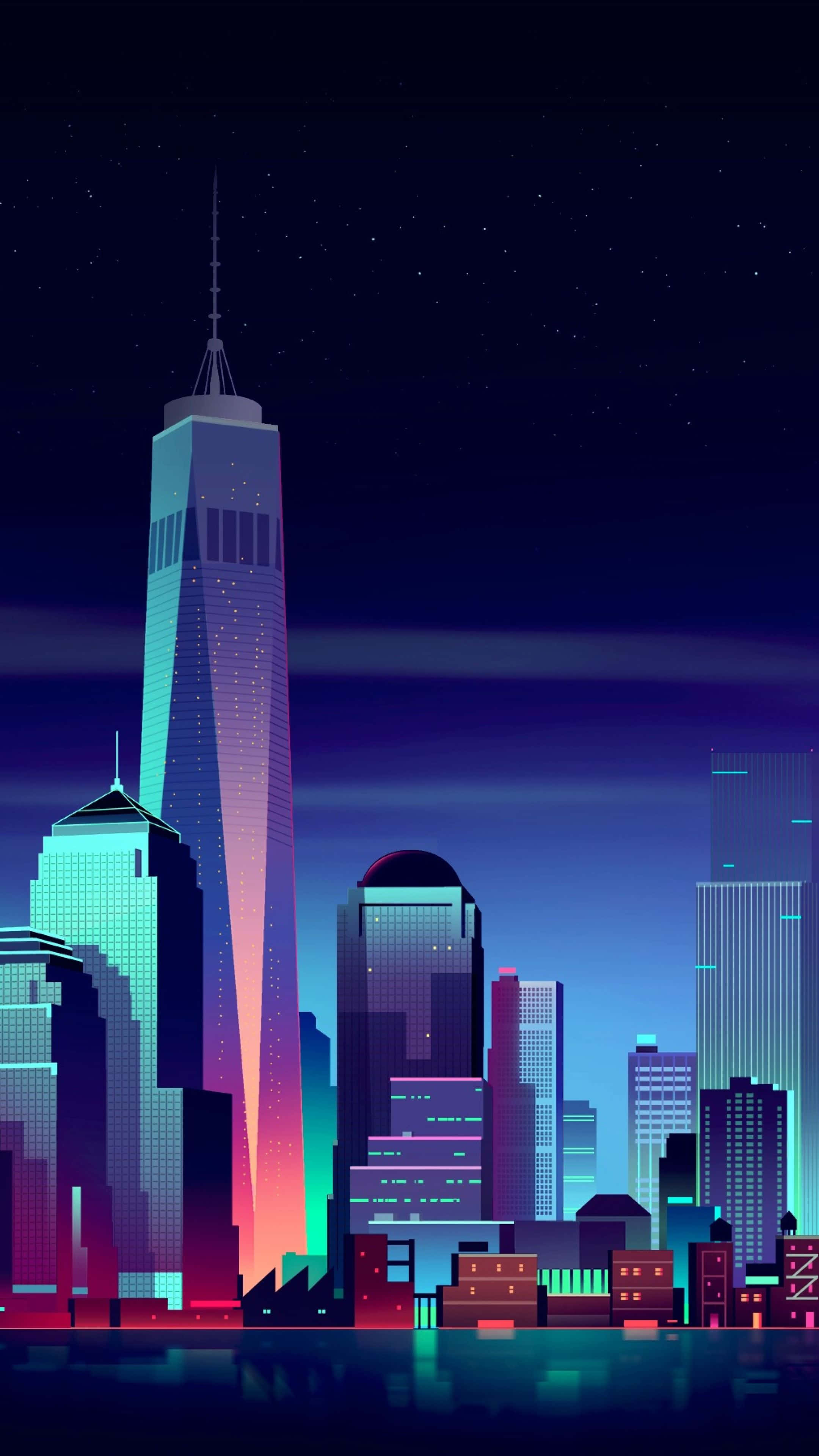 neon-drenched city skyline, towering skyscrapers, electric blues pinks and purples, 4K Phone Wallpaper