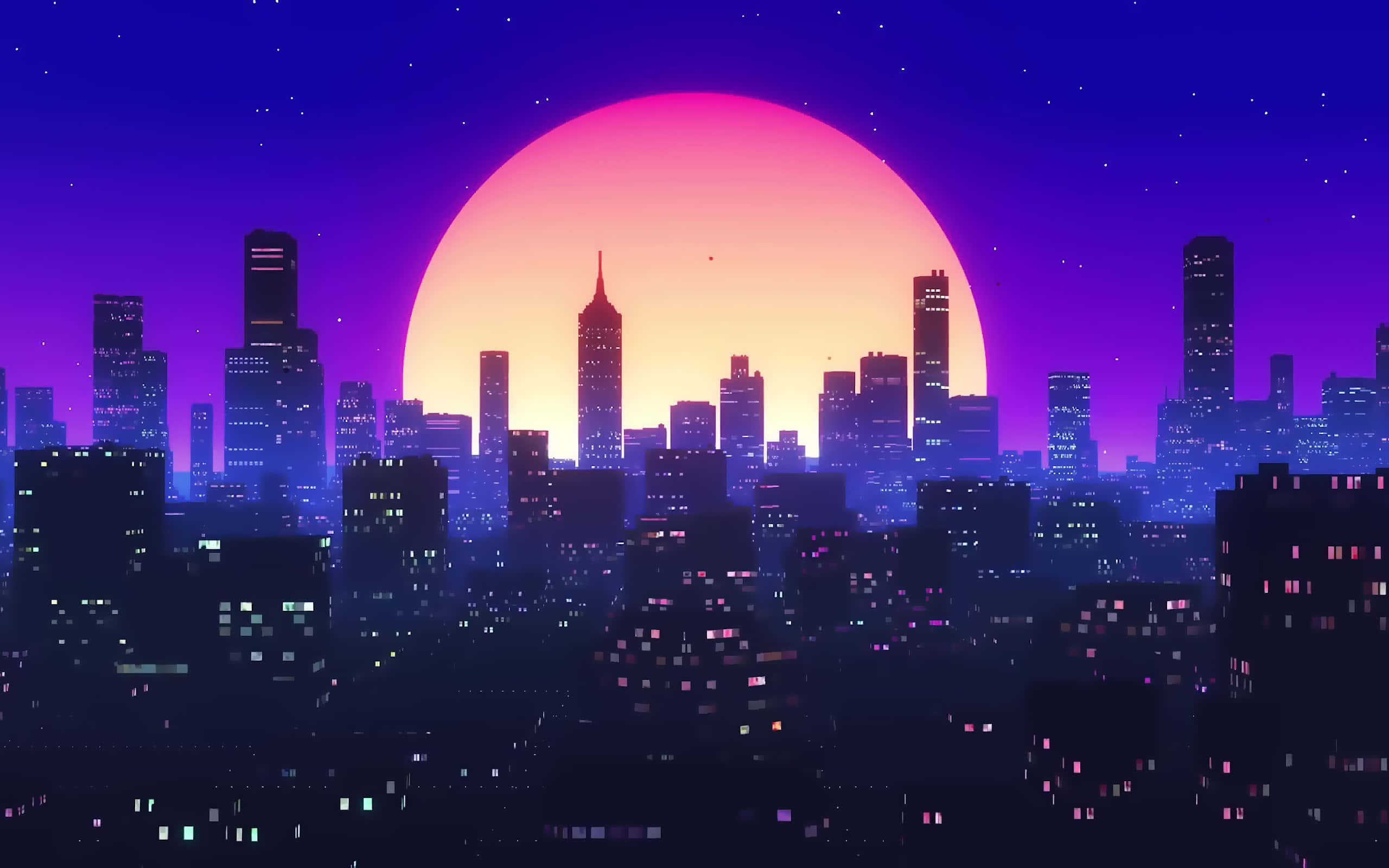 vibrant minimalist cityscape, dusk, retrofuturistic city skyline, 2K Desktop Wallpaper