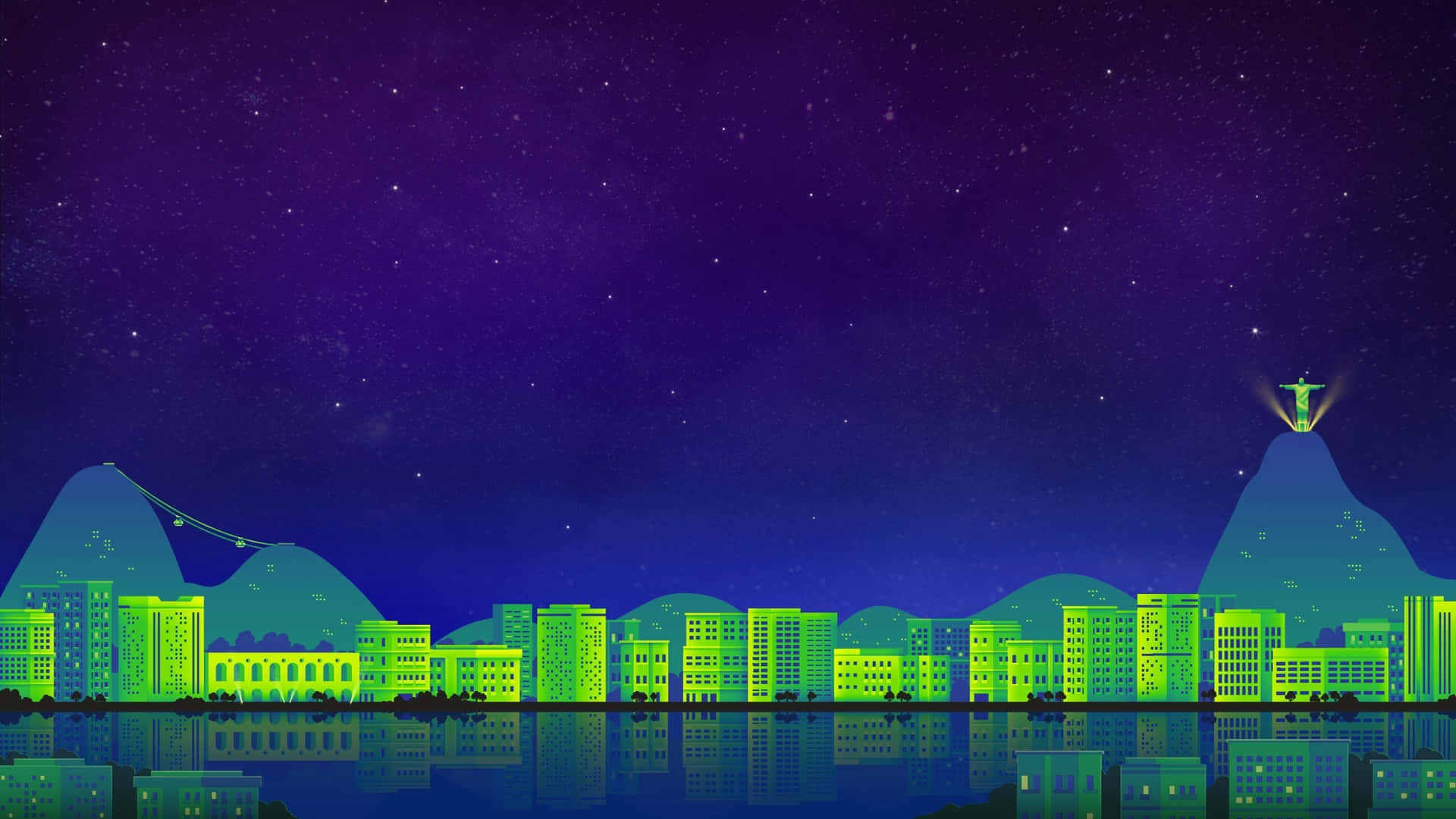 Starry Night, neon green cityscape, glowing buildings, Full HD Desktop Wallpaper