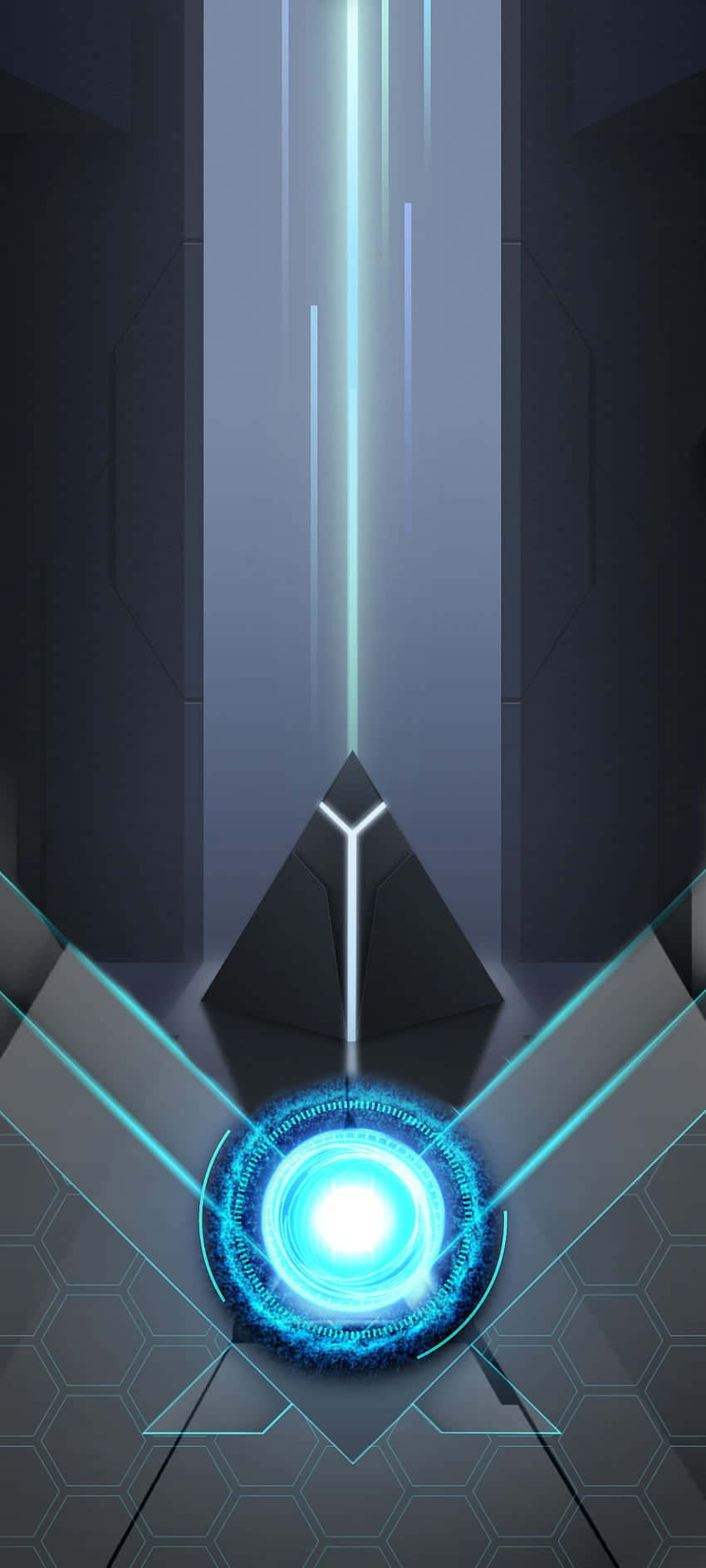 futuristic minimalist cityscape, glowing blue energy orb, dark pyramid, HD Phone Wallpaper