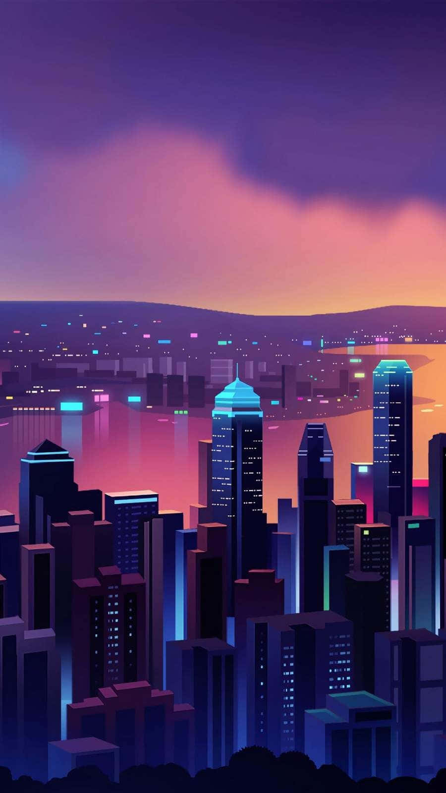 vibrant minimalist cityscape, dusk, neon-lit skyscrapers, HD Phone Wallpaper