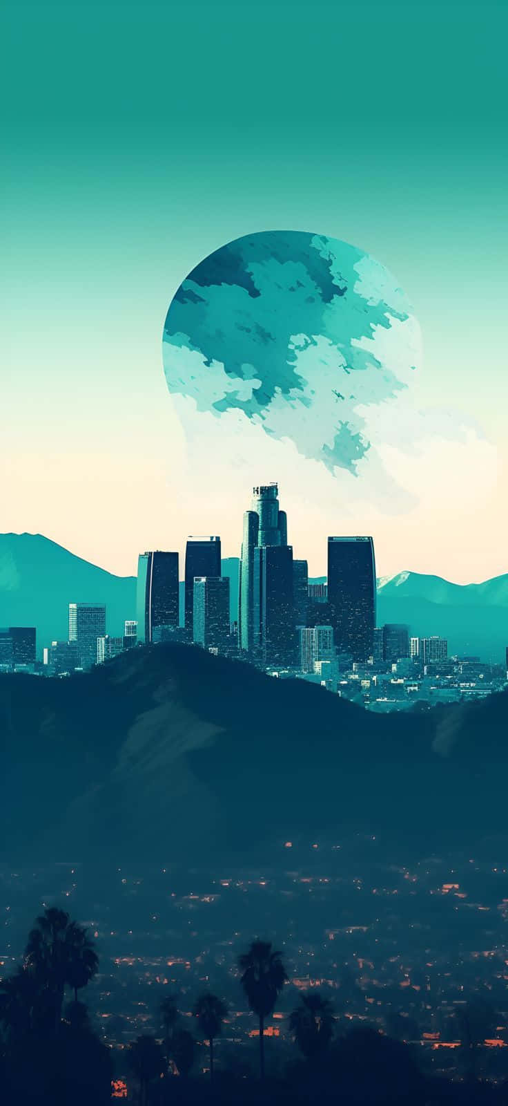 teal moon, cityscape, skyscrapers, HD Phone Wallpaper