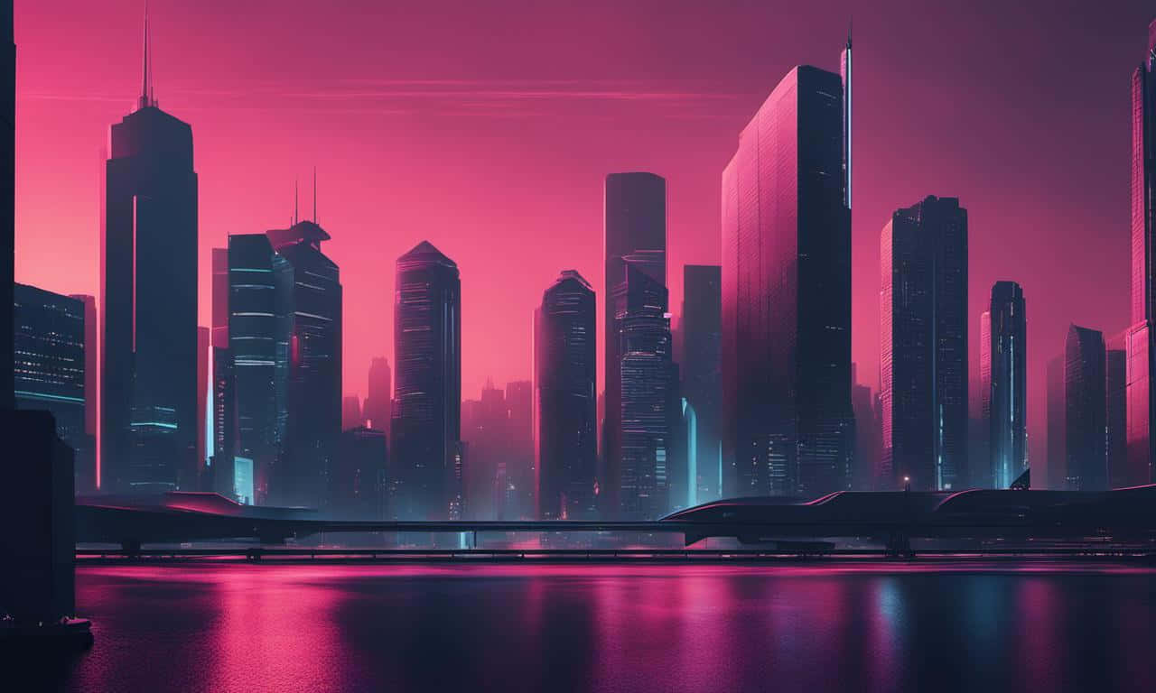 futuristic pink skyline, vibrant pink and purple neon lights, calm water surface, HD Desktop Wallpaper