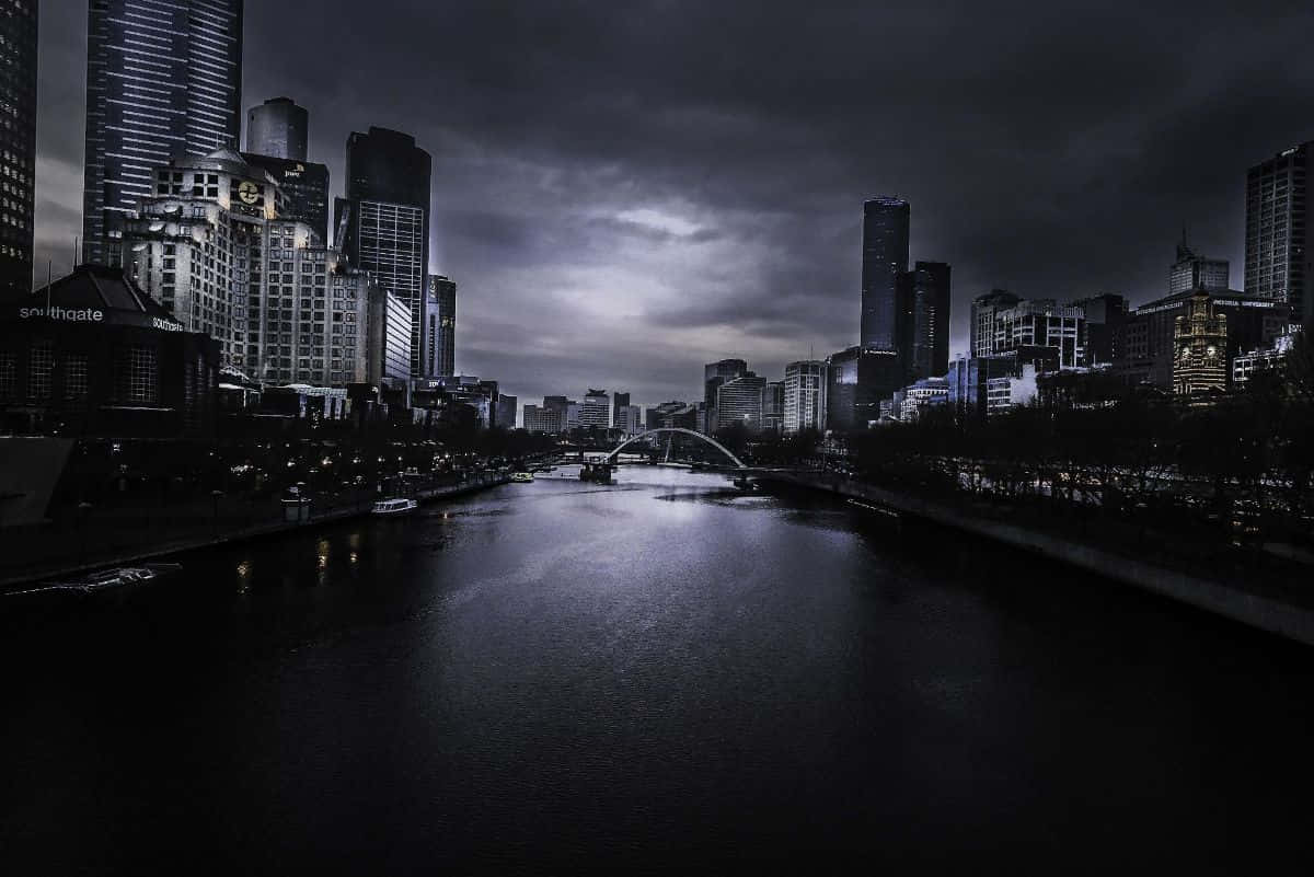 moody urban waterscape, night, towering skyscrapers, SD Desktop Wallpaper