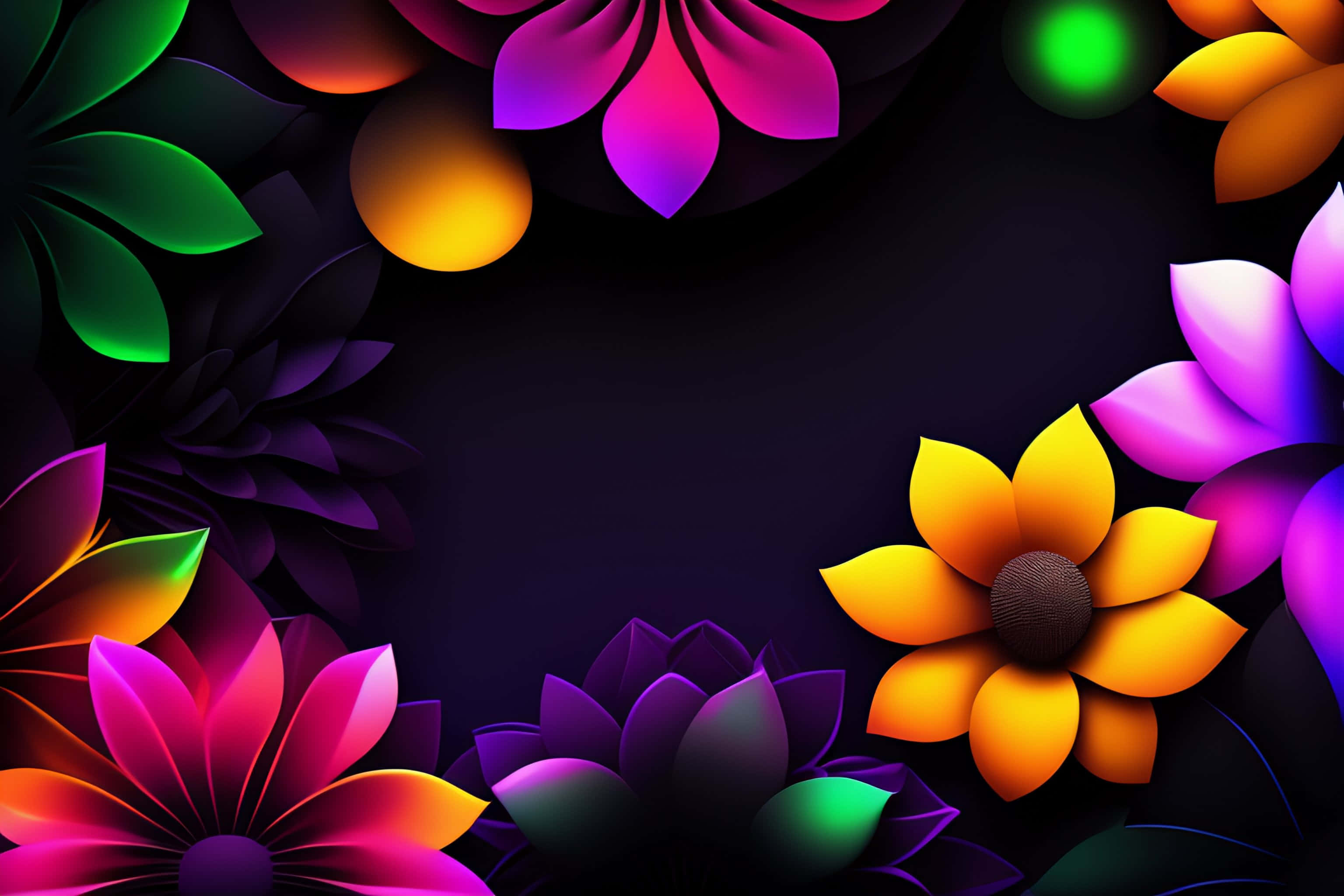 Vibrant Minimalist Color Blocks, neon flowers, leaves, 2K Desktop Wallpaper