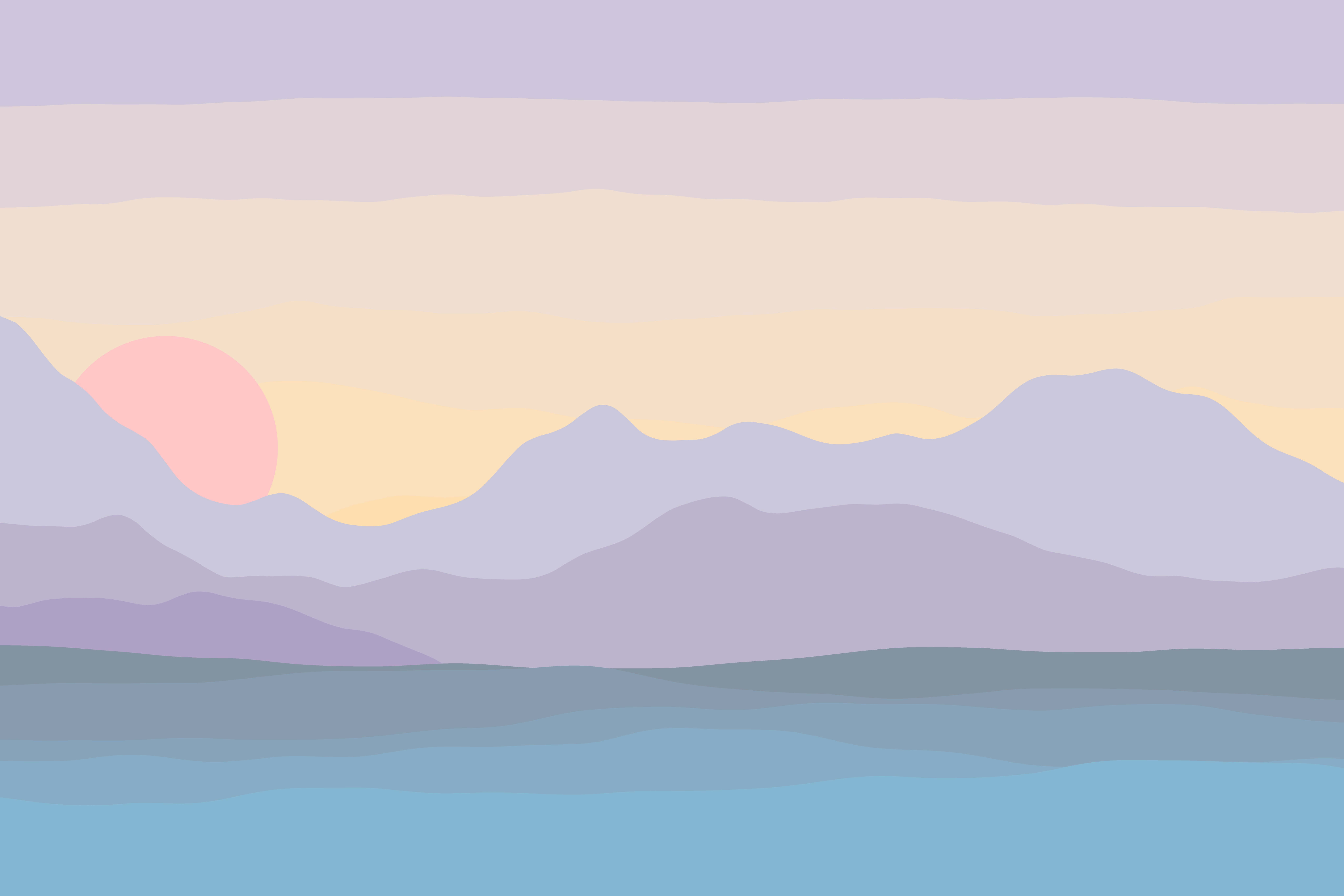 pastel mountains, pink sun, calm blue water, 8K Desktop Wallpaper