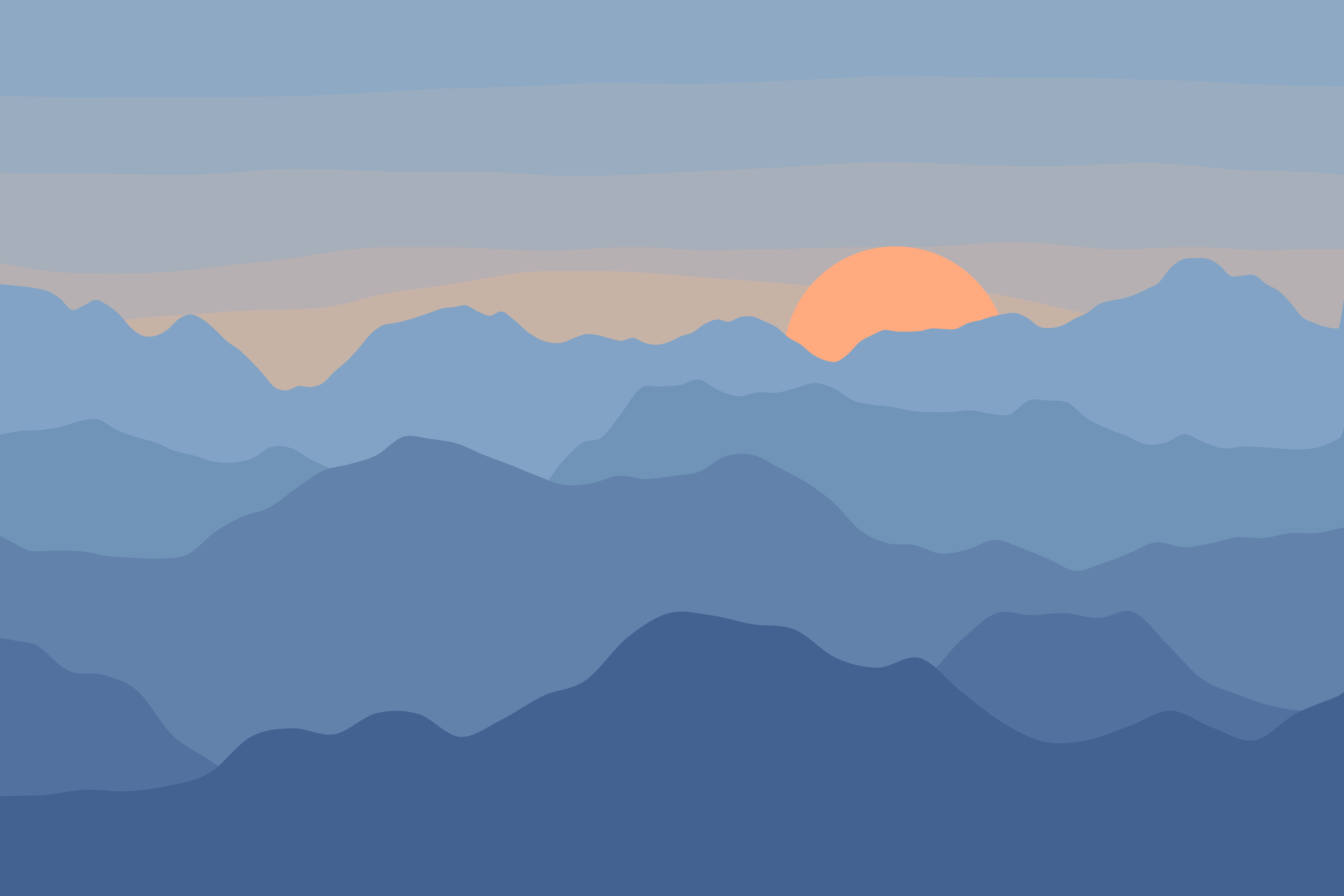 minimalist colorful, blue mountains, warm orange sun, 8K Desktop Wallpaper