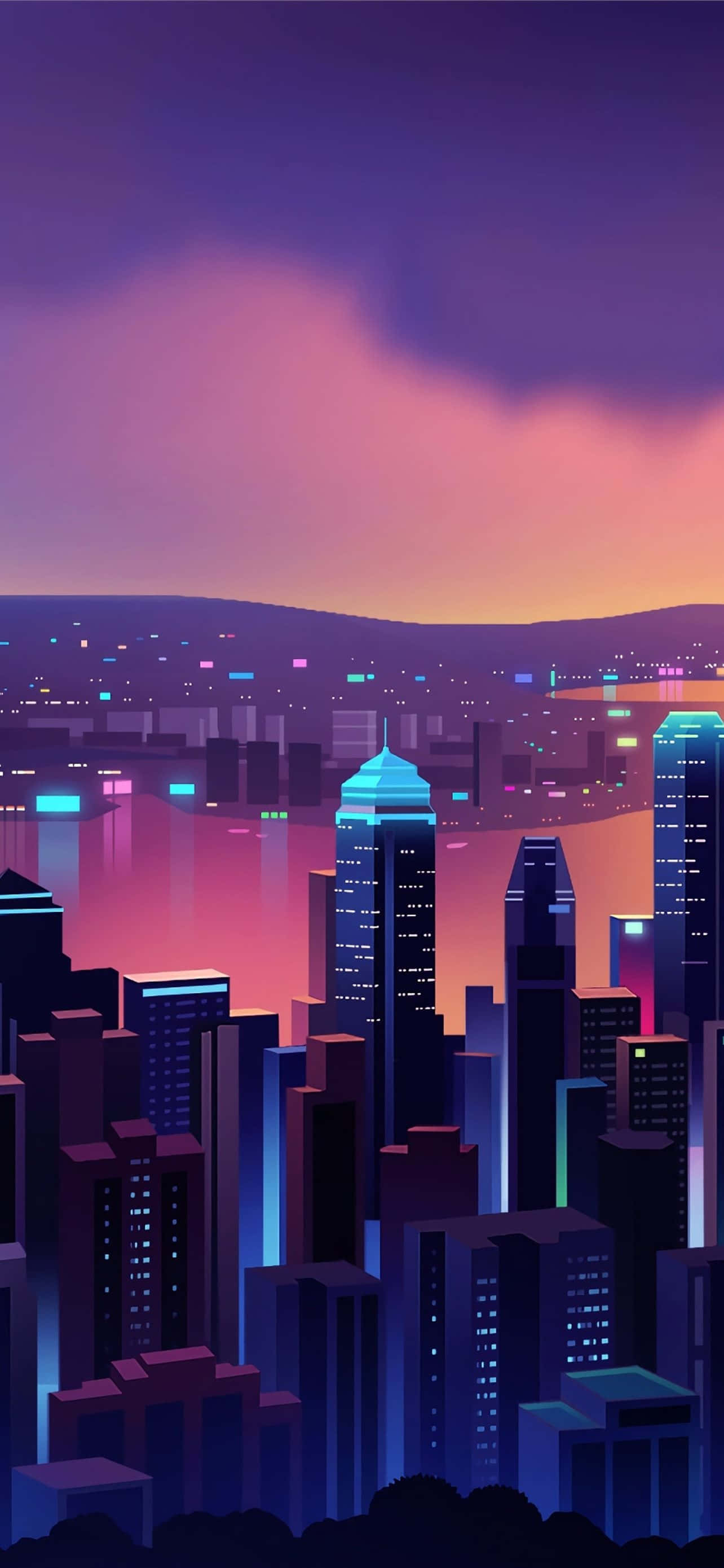 neon-lit cityscape, dusk, towering skyscrapers, 2K Phone Wallpaper