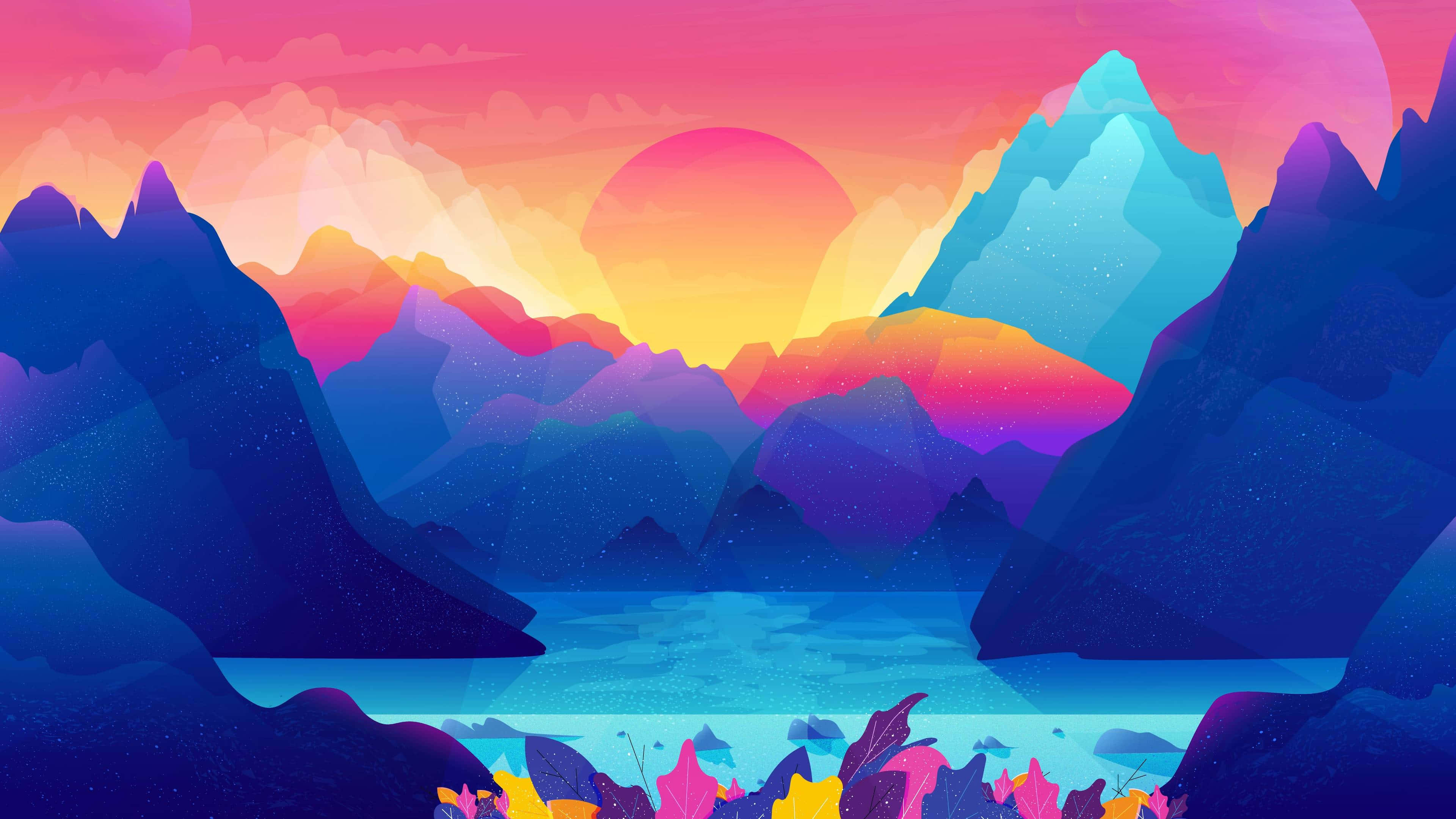 Vibrant Minimalist Colorful, geometric mountains, surreal sunset, 4K Desktop Wallpaper