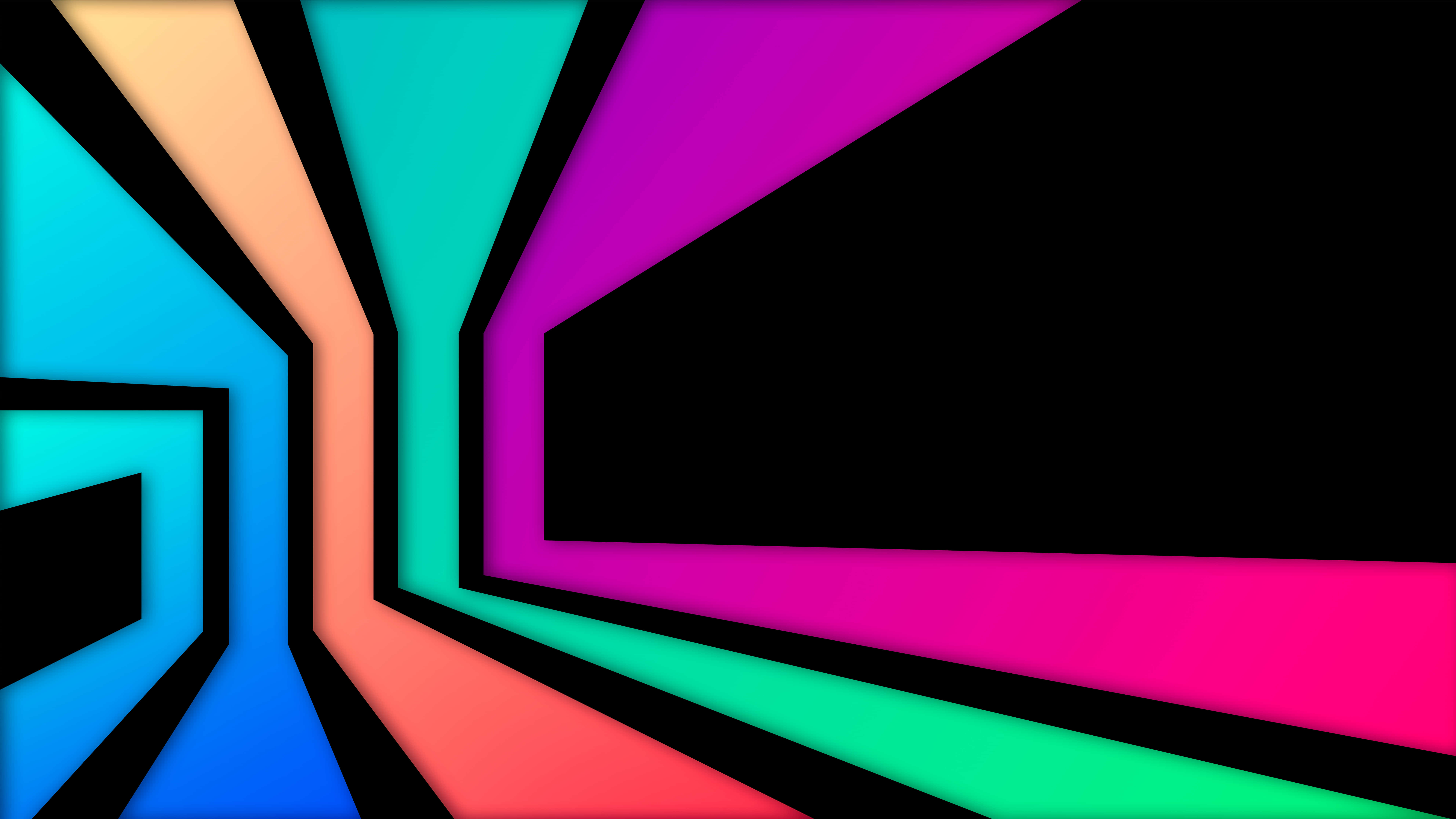 neon-colored, geometric shapes, central black void, 8K Desktop Wallpaper