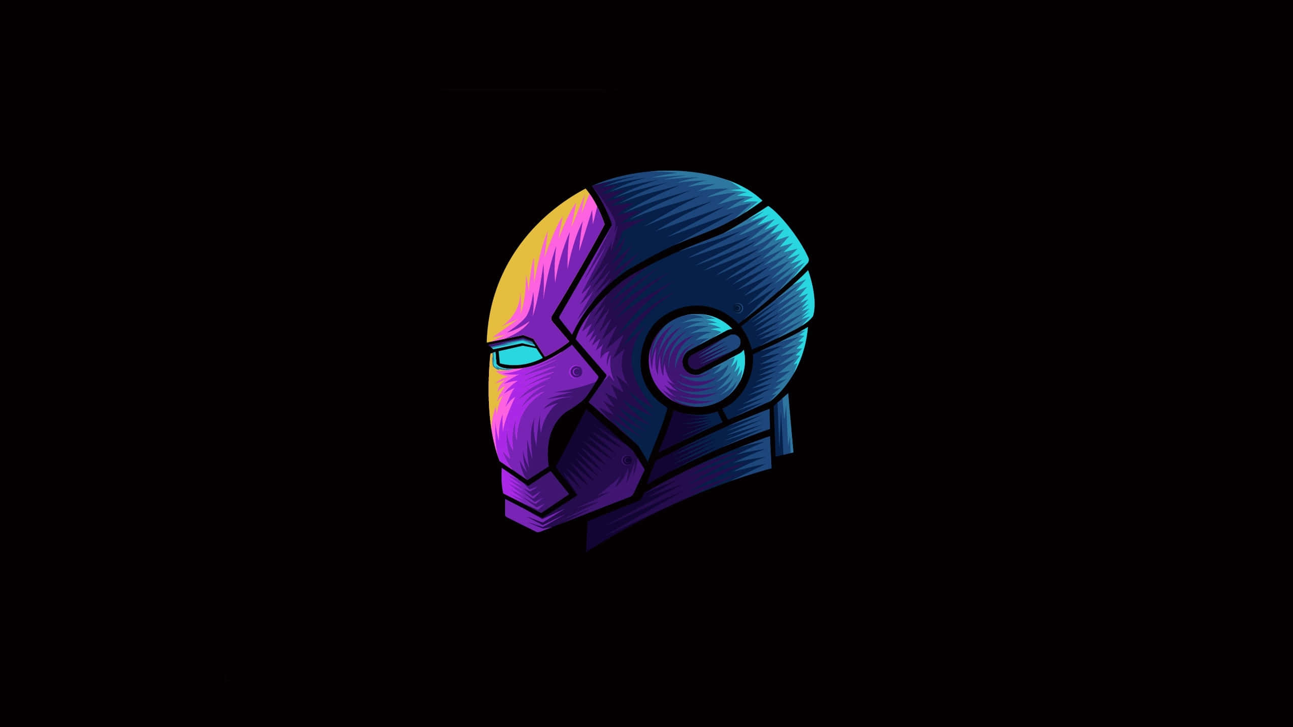 metallic helmet, glowing cyan eyes, vibrant gradient hues of purple yellow and blue, 2K Desktop Wallpaper