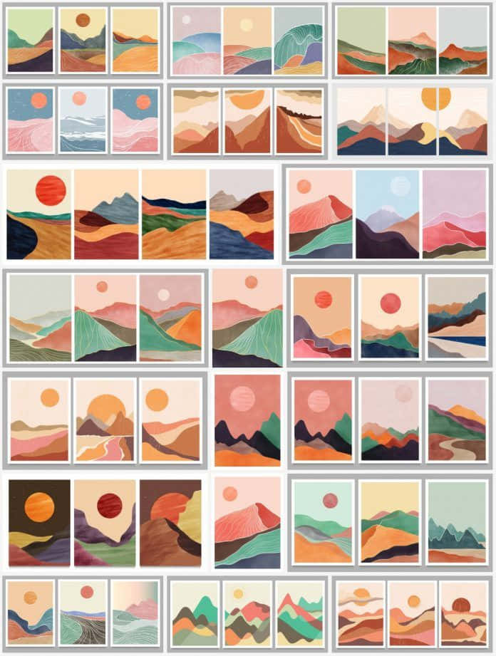 minimalist painting, grid of stylized abstract mountain landscapes, soft pastel colors, SD Phone Wallpaper