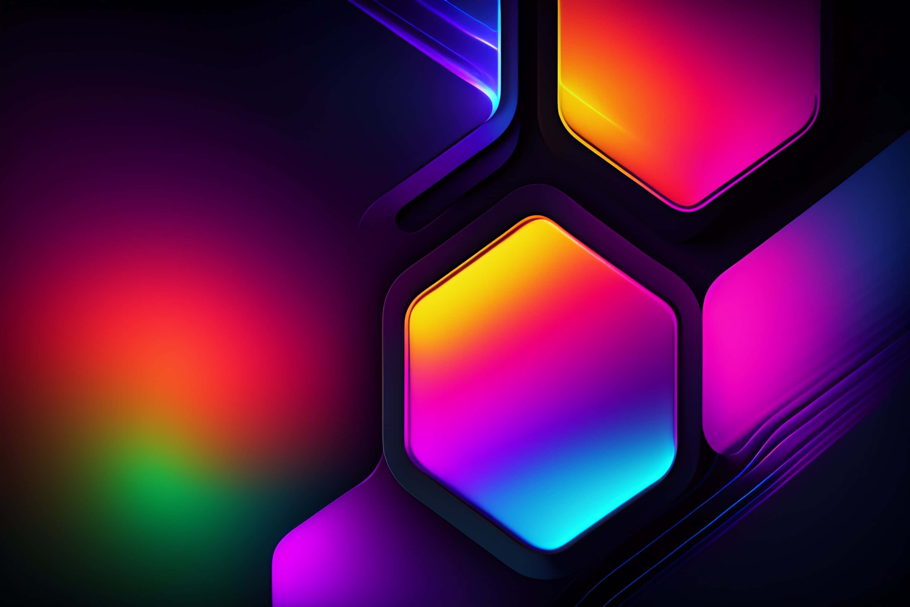 neon hexagons, gradient hues, dark background, 2K Desktop Wallpaper