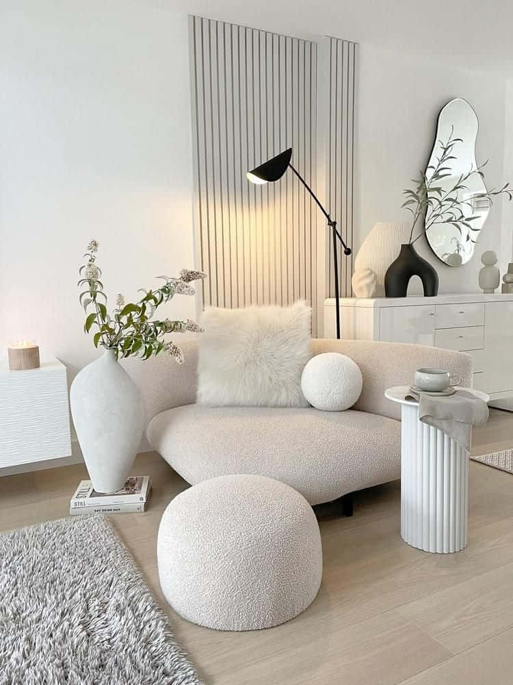 minimalist beige sofa, fluffy pillows, bright white modern living room, SD Phone Wallpaper