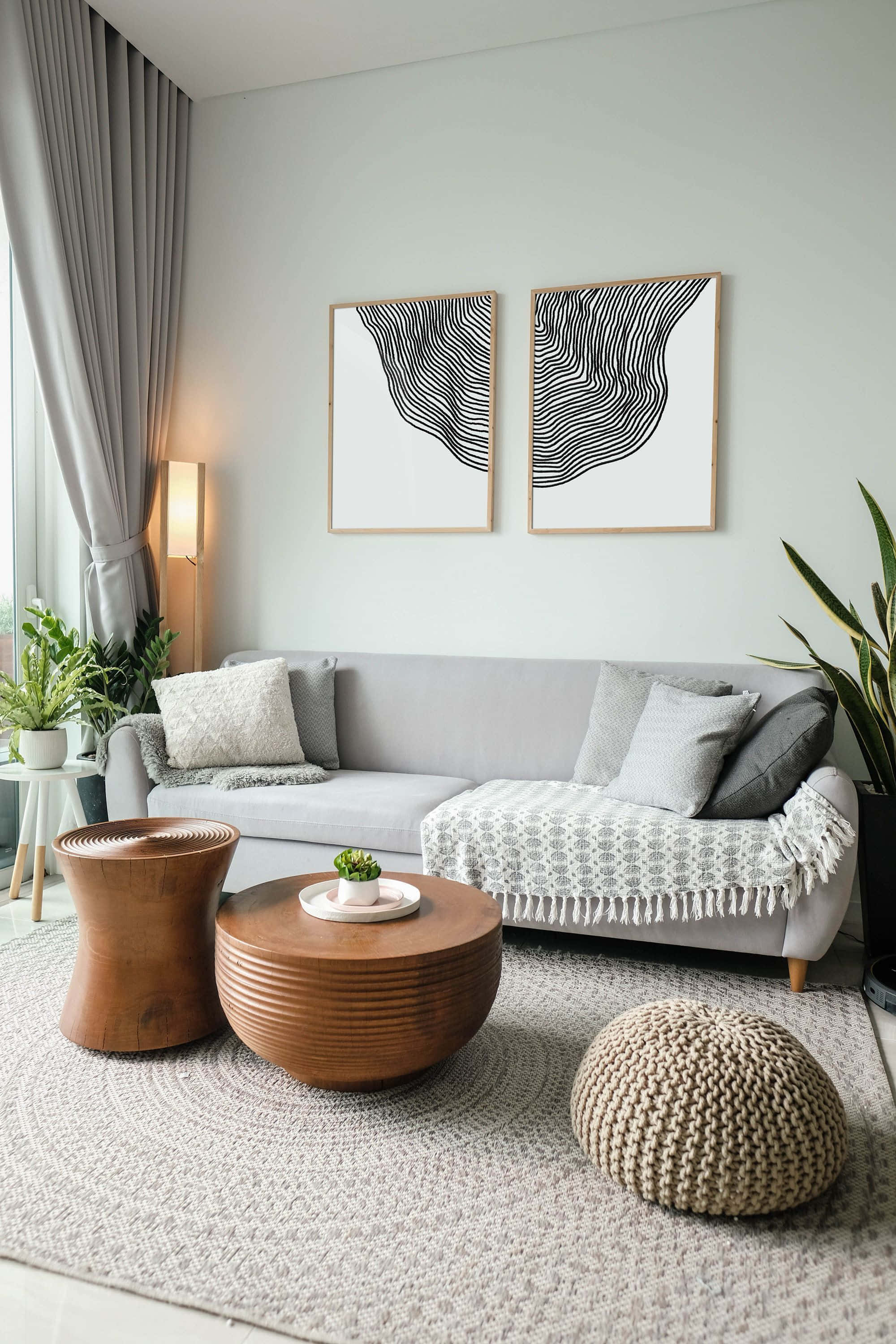 minimalist design, gray sofa, wooden coffee tables, 2K Phone Wallpaper