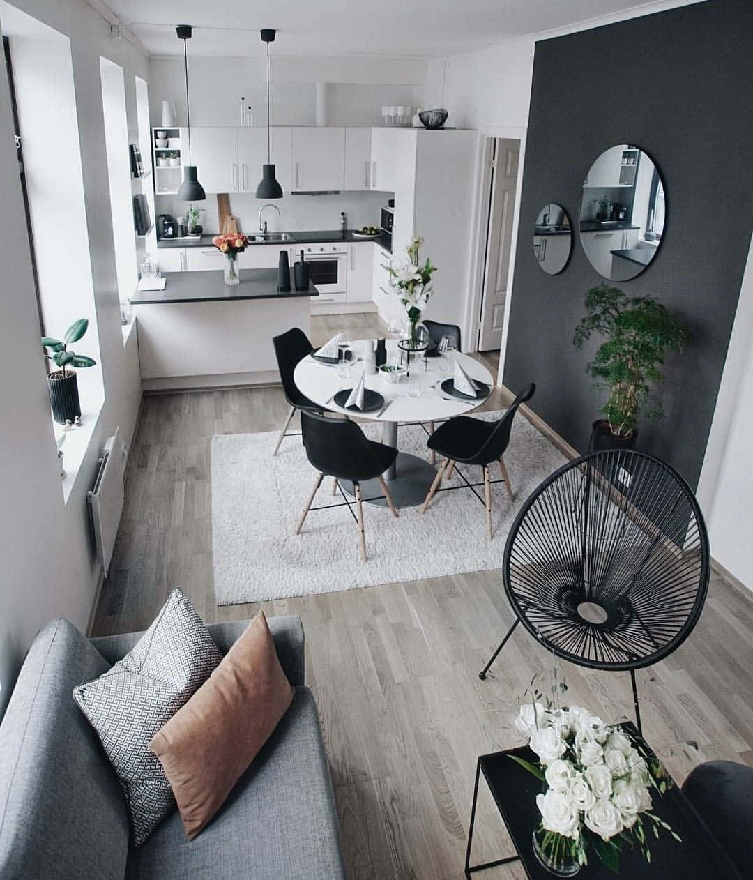 minimalist design, gray walls, black chairs, SD Phone Wallpaper