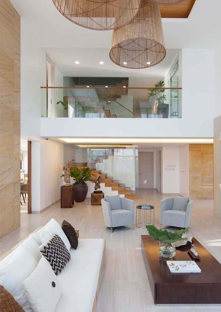 minimalist design, light wood floors, woven pendant lights, SD Phone Wallpaper