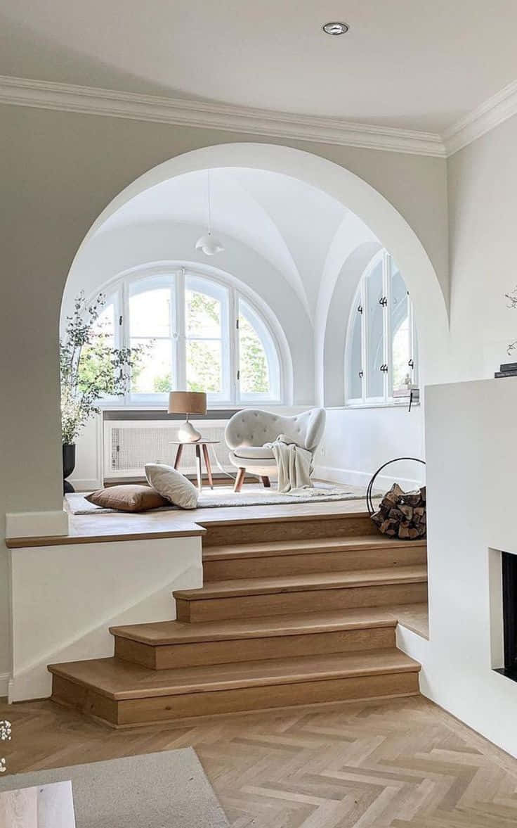 minimalist design, wooden stairs, cozy reading nook, SD Phone Wallpaper
