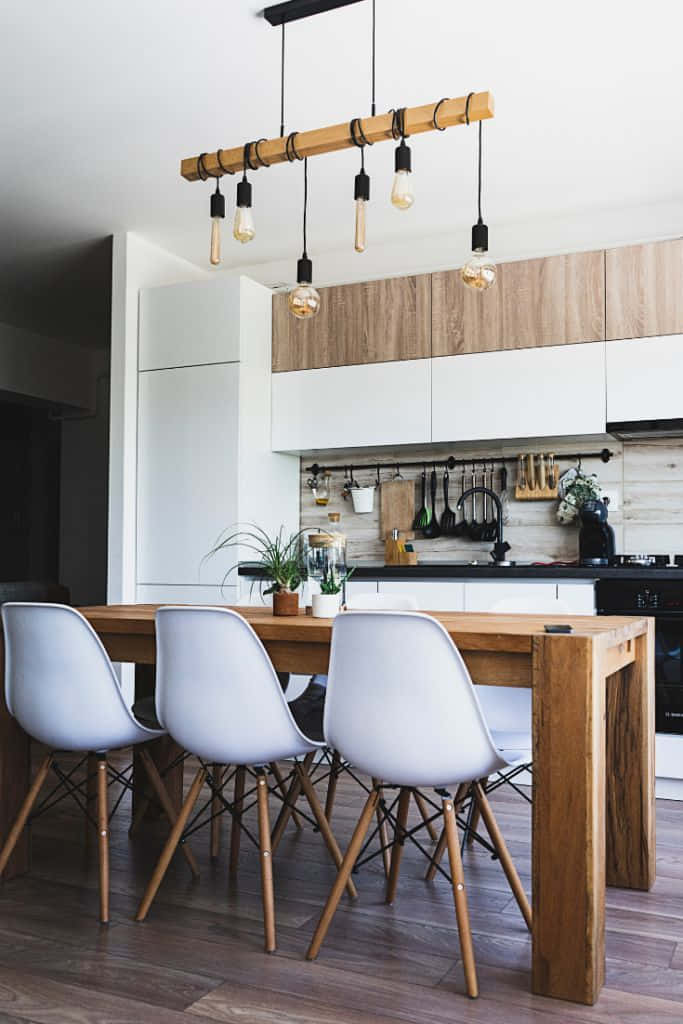 Minimalist Design, wooden dining table, white chairs, SD Phone Wallpaper