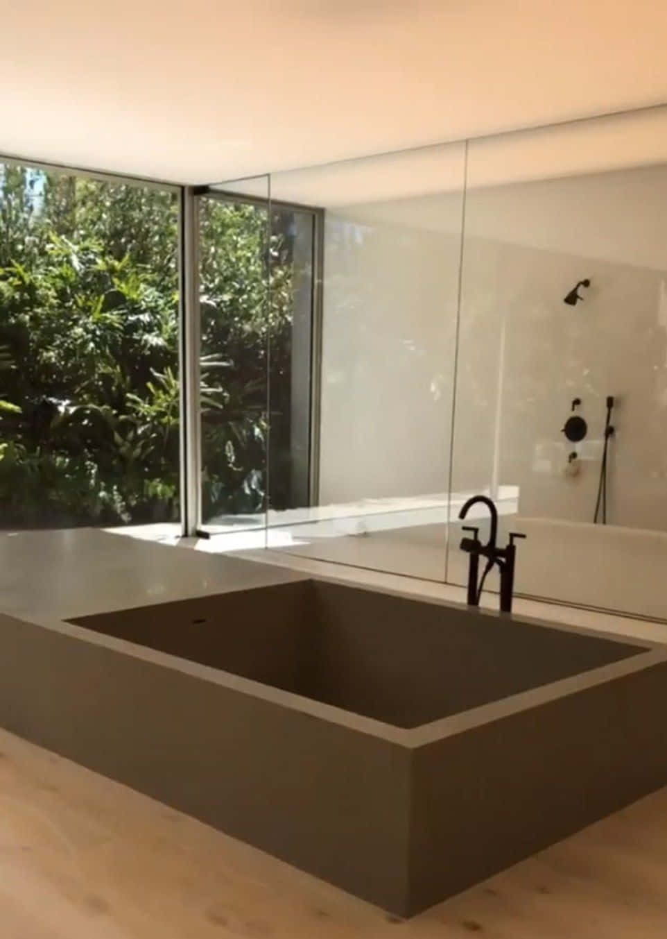 minimalist design, concrete bathtub, floor-to-ceiling glass walls, HD Phone Wallpaper