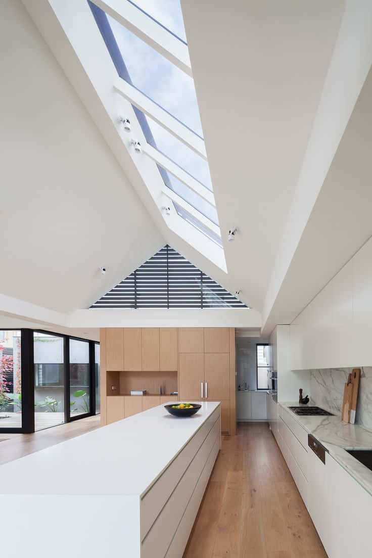 white cabinetry, light wood floors, large skylight, SD Phone Wallpaper