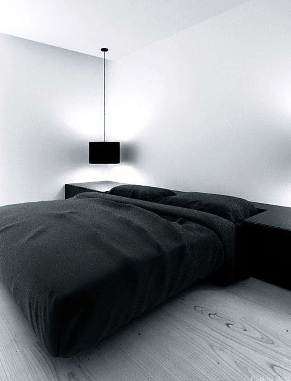 minimalist bedroom, black bed, floating pendant light, HD Phone Wallpaper