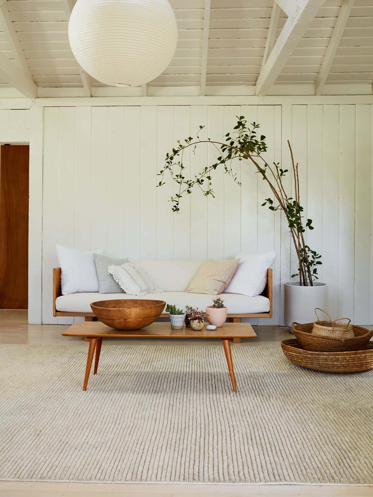 Minimalist Design, white sofa, wooden coffee table, HD Phone Wallpaper