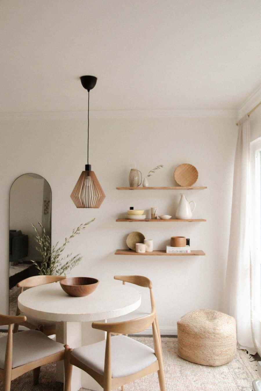 minimalist design, round table, wooden chairs, HD Phone Wallpaper