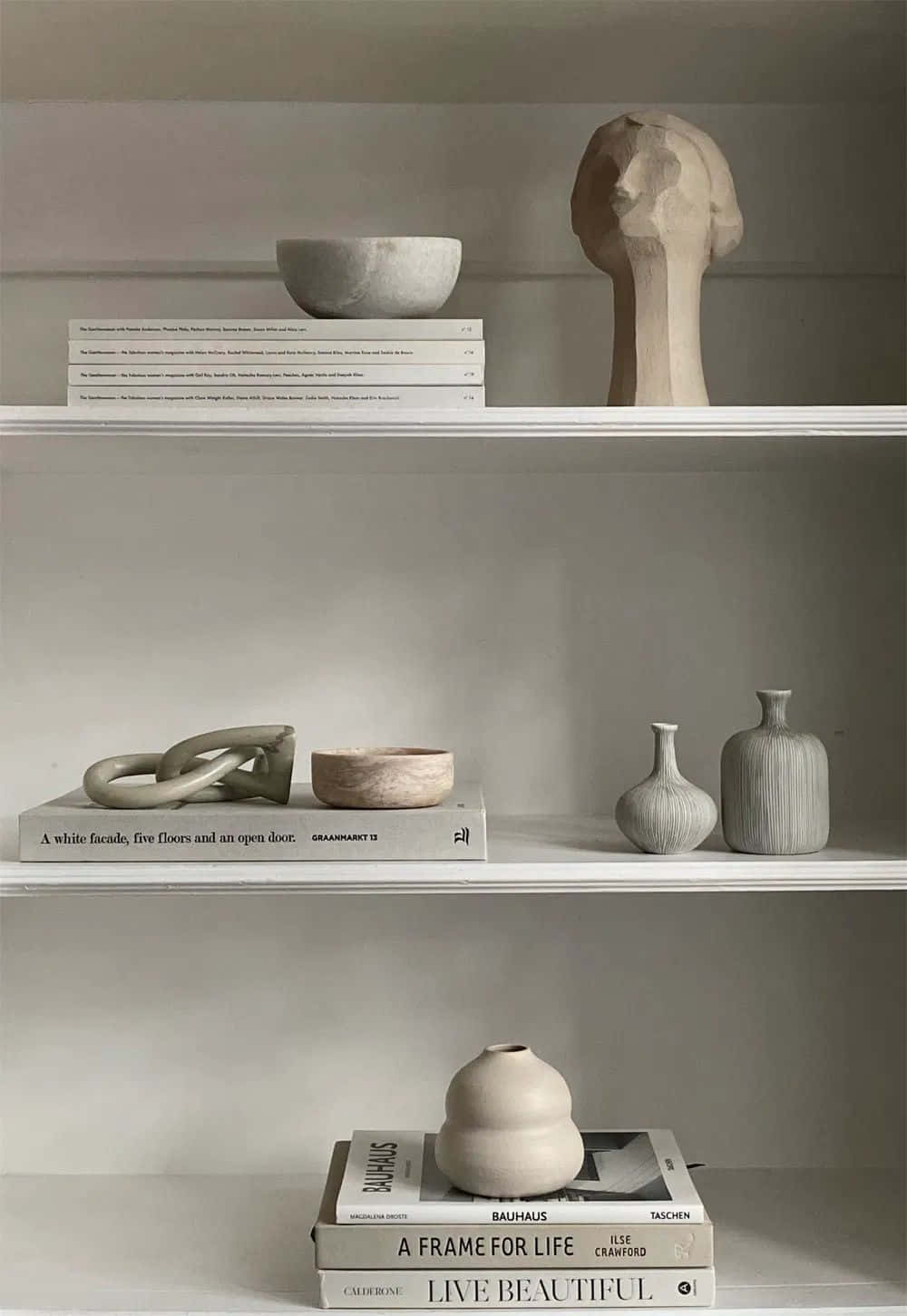 minimalist design, white shelves, curated books, HD Phone Wallpaper