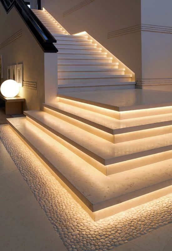 minimalist interior space, modern staircase, warm underlighting, SD Phone Wallpaper