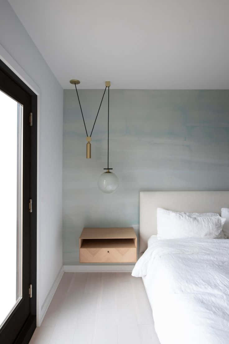 minimalist design, white bed, floating wooden nightstand, SD Phone Wallpaper