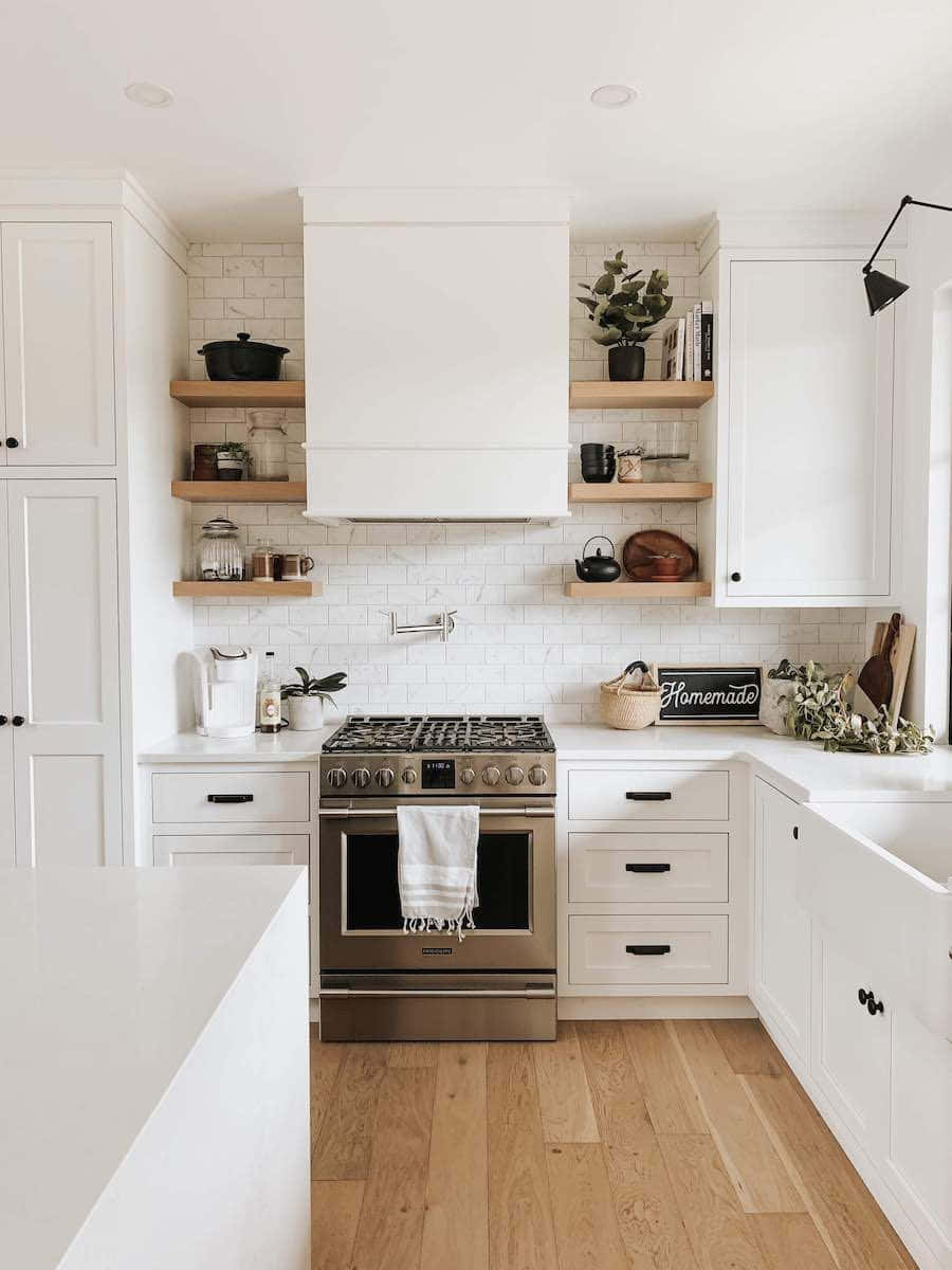 white cabinets, wooden shelves, stainless steel stove, SD Phone Wallpaper