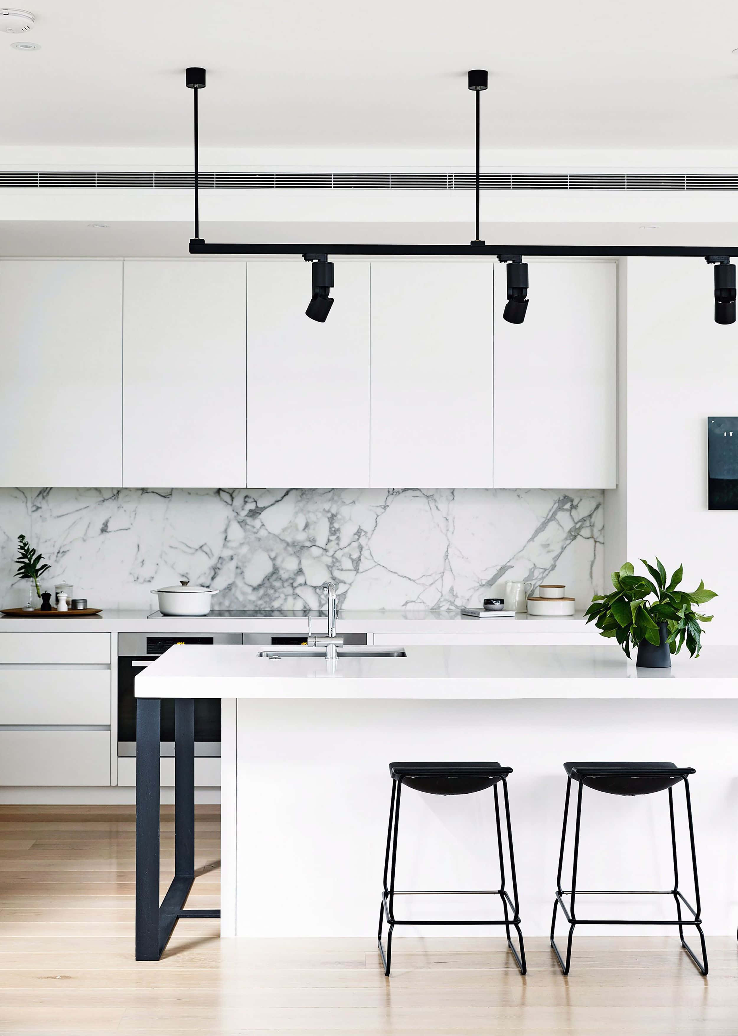 minimalist modern kitchen, white cabinets, marble backsplash, 2K Phone Wallpaper