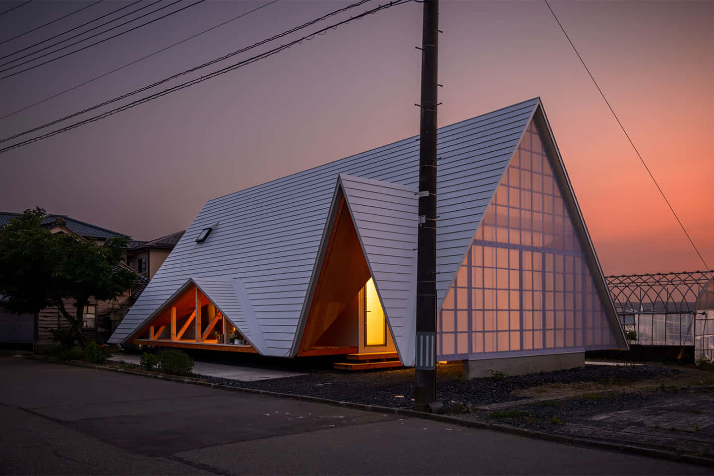 minimalist architecture, triangular house, glowing interior lights, HD Desktop Wallpaper