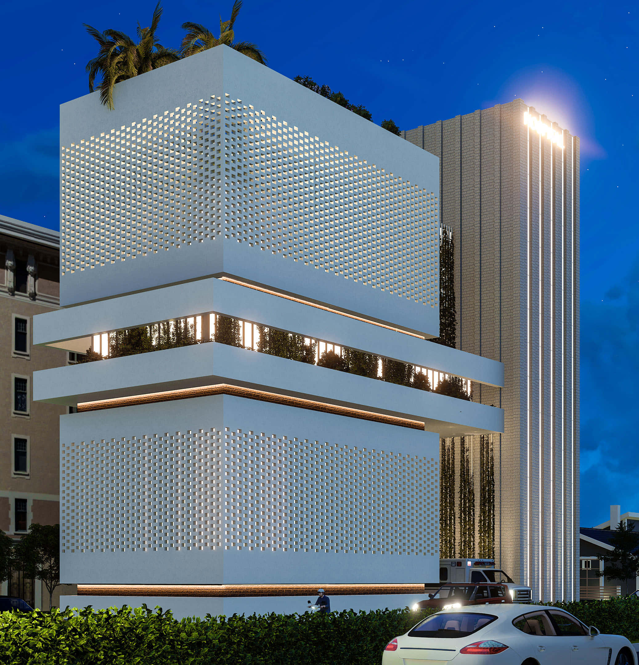 minimalist architecture, white geometric building, glowing perforated panels, Full HD Phone Wallpaper