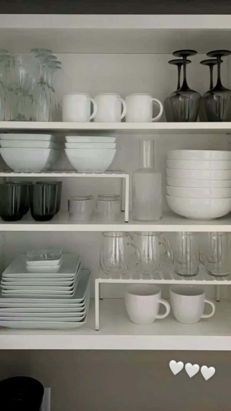 white and gray dishware shelves, glassware mugs, bowls, HD Phone Wallpaper