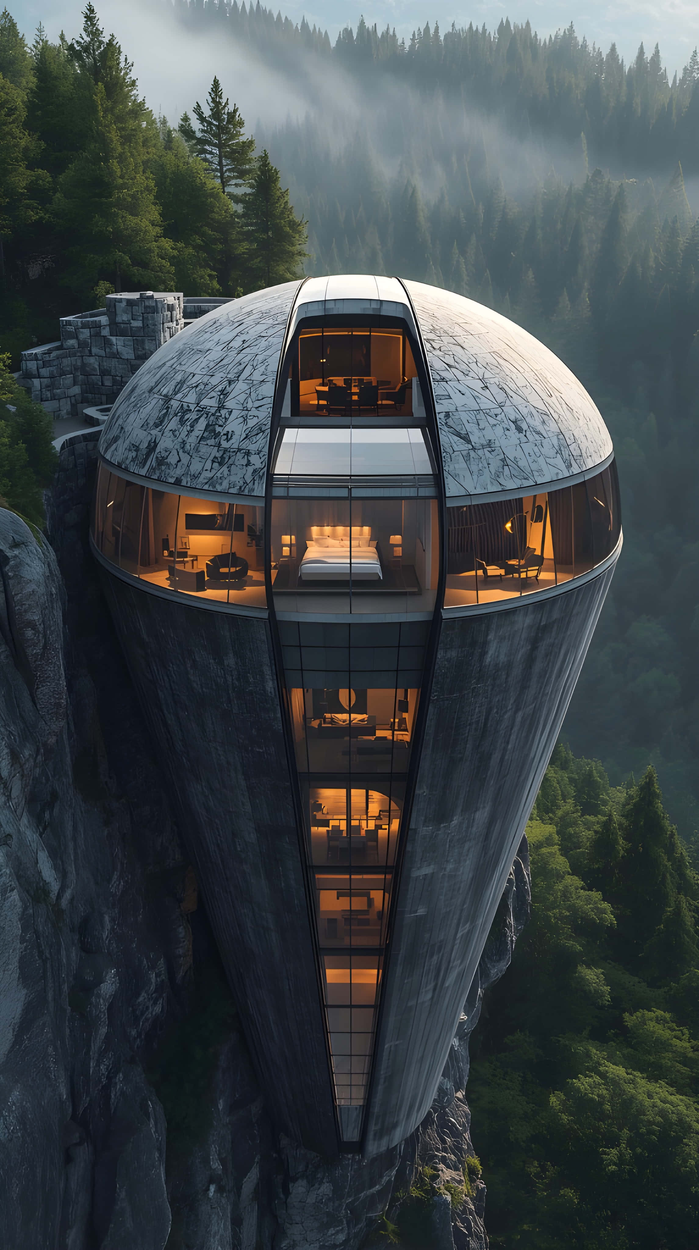 futuristic oval cliff mansion, misty pine forest, dome-shaped glass hotel, 4K Phone Wallpaper