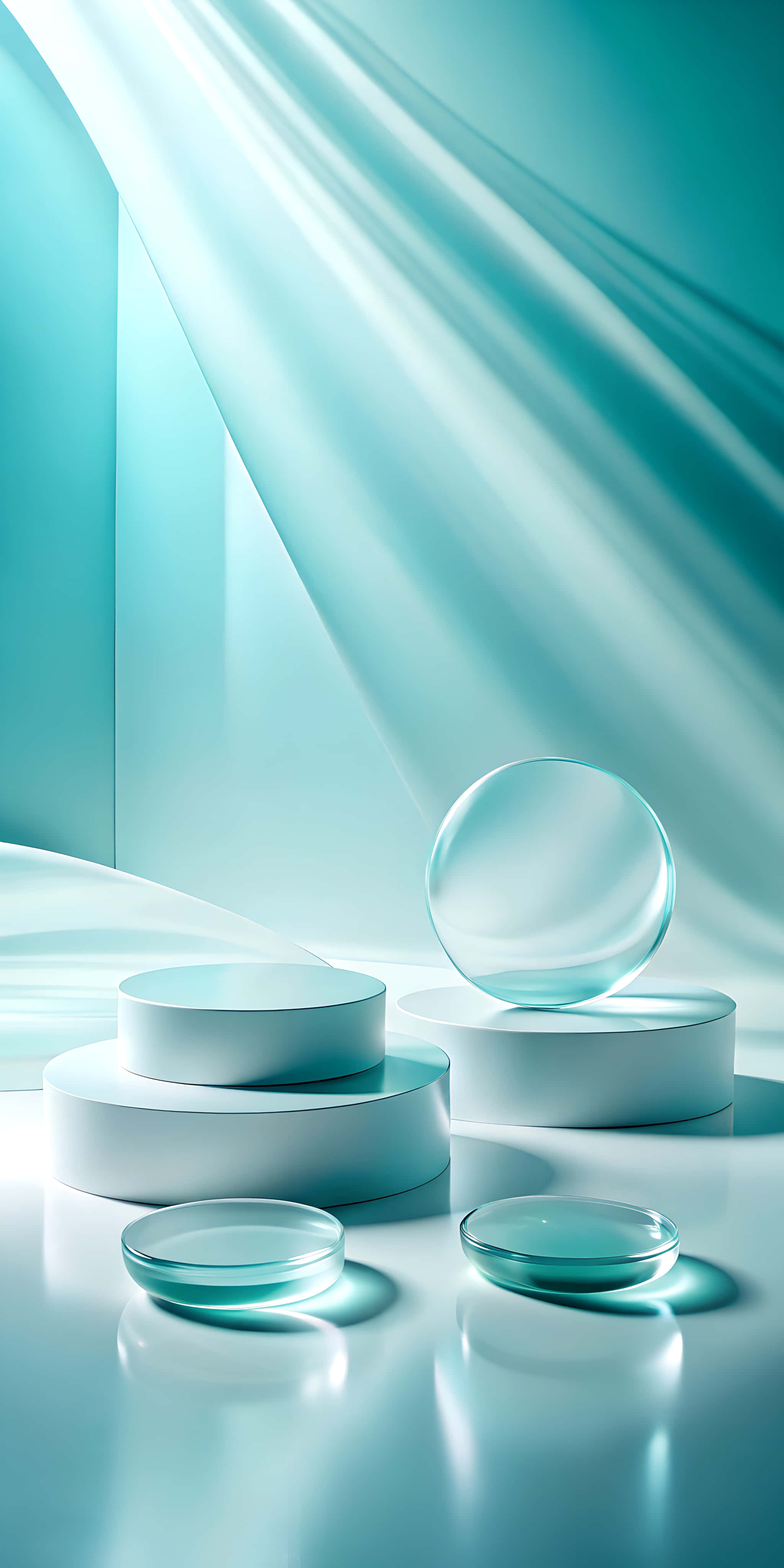 frosted glass shapes, tiered white pedestals, flowing turquoise fabric, 4K Phone Wallpaper