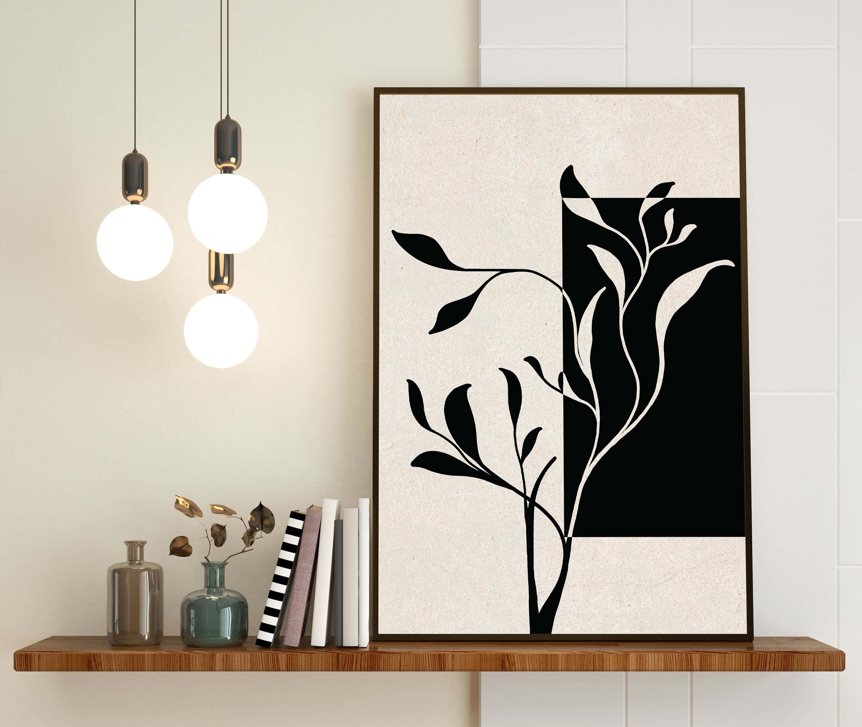 minimalist black and white botanical art print, wooden shelf, books, 2K Desktop Wallpaper