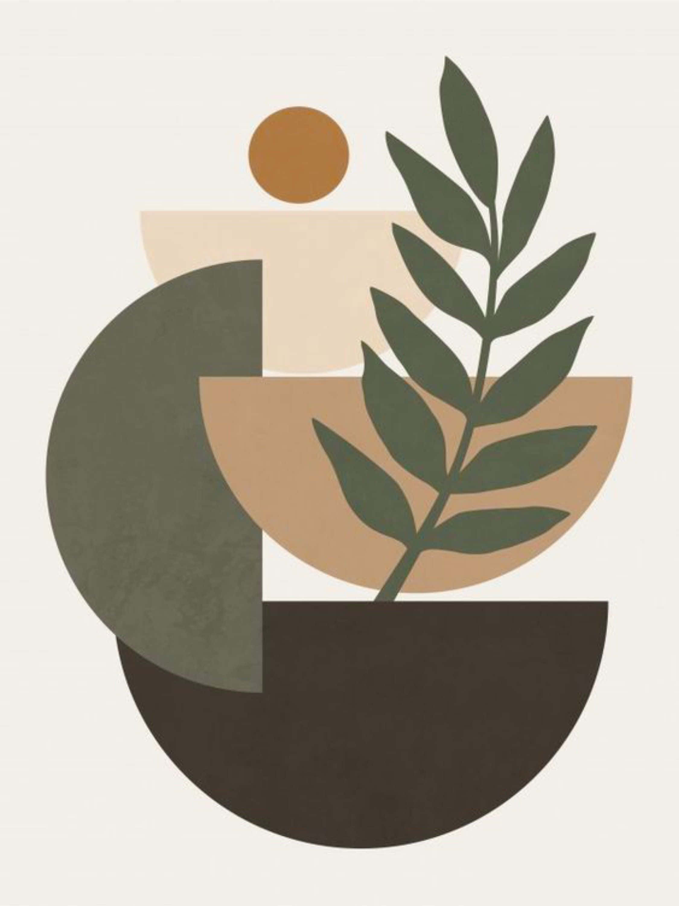 minimalist painting, green leafy branch, geometric earth-toned shapes, 2K Phone Wallpaper