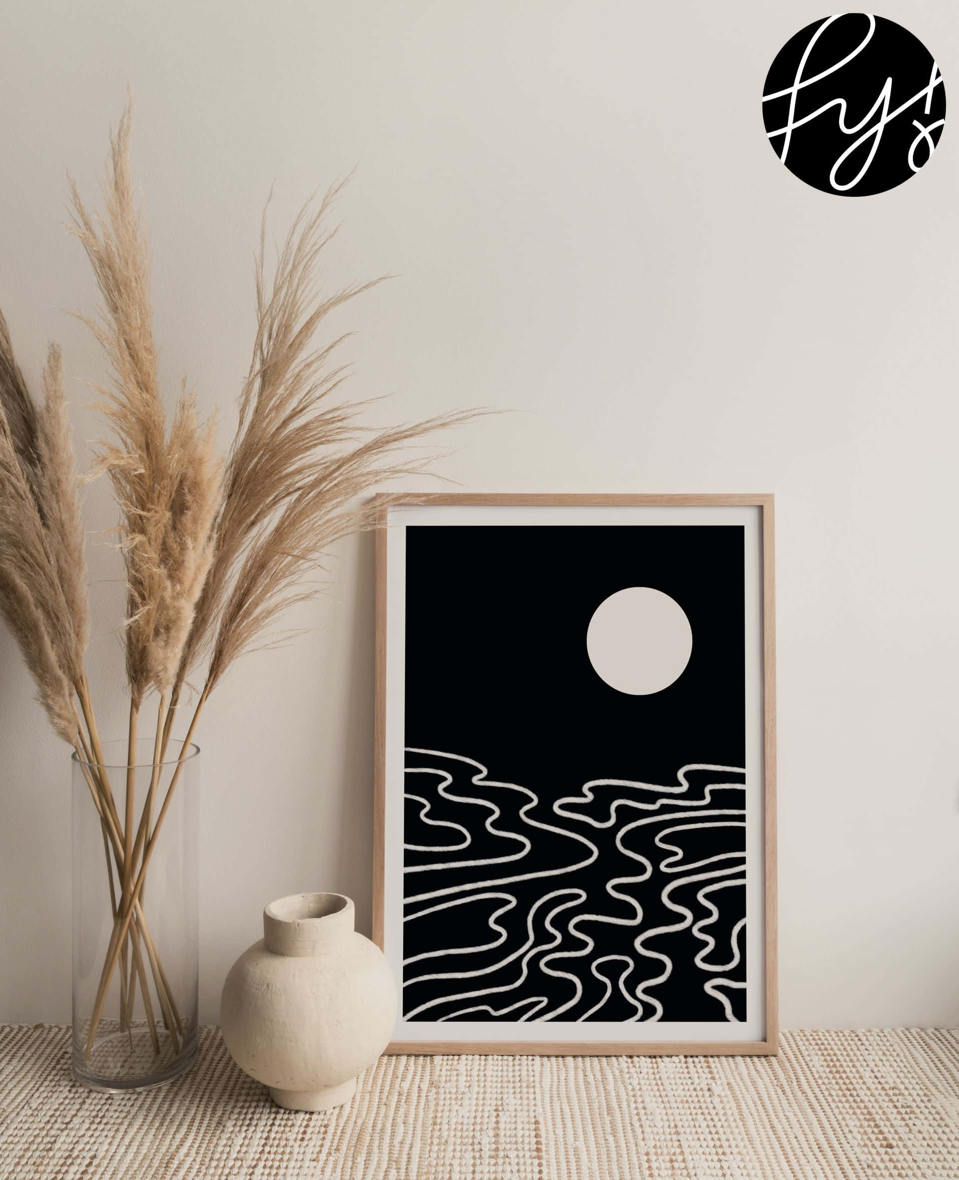 minimalist black and white framed art, moon, wavy lines, Full HD Phone Wallpaper