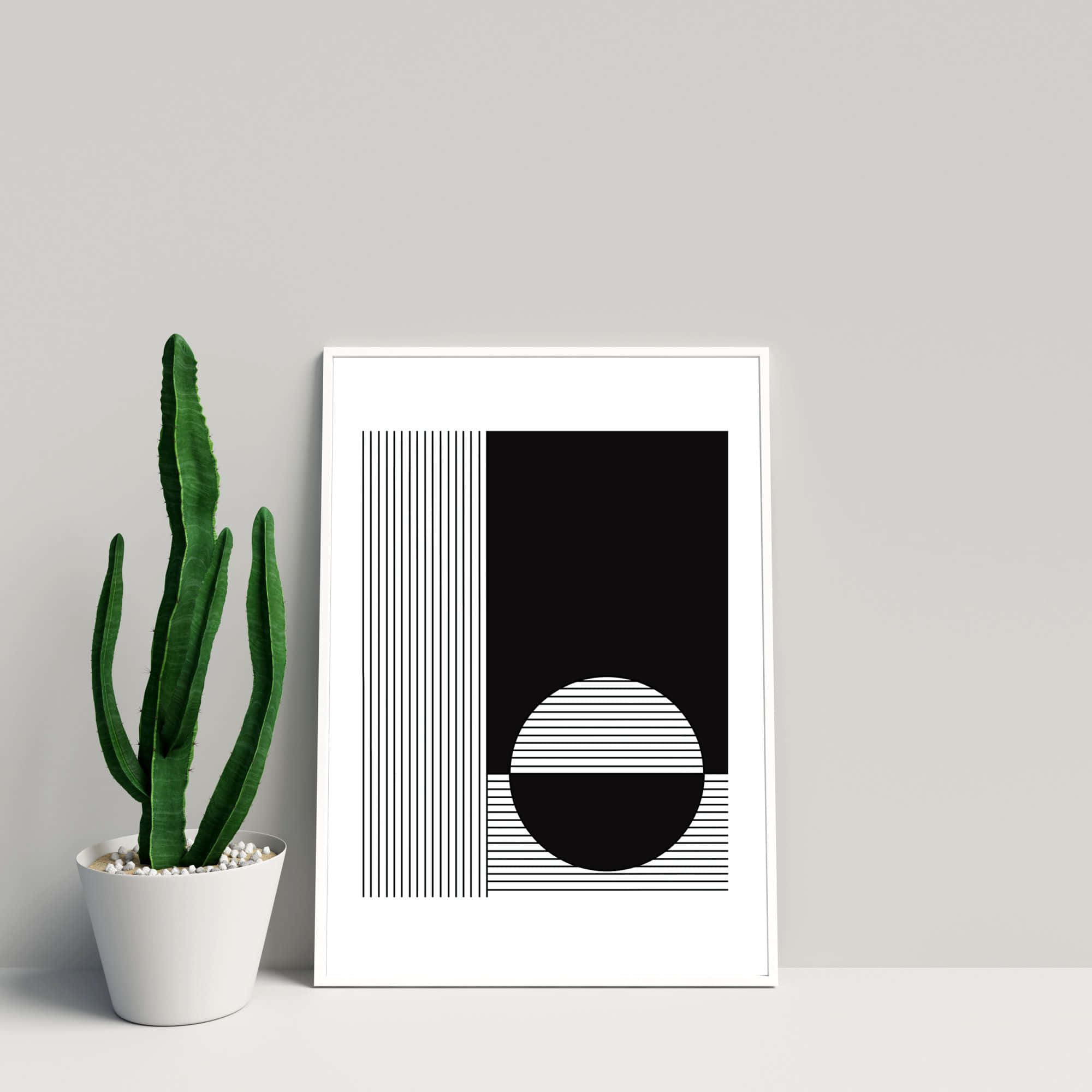 minimalist black and white geometric art print, potted green cactus, light gray shelf, Full HD Desktop Wallpaper