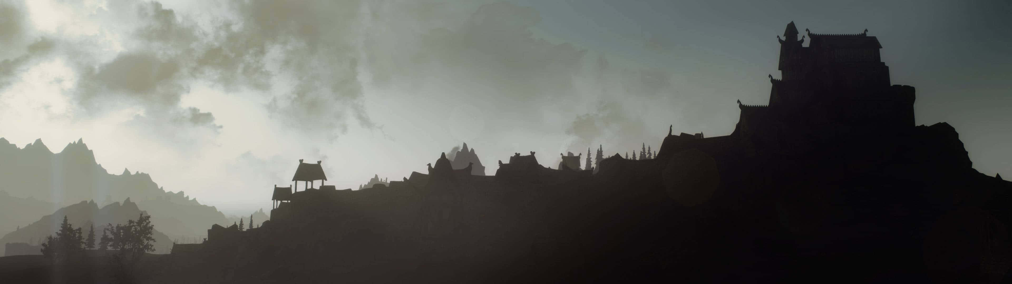 minimalist dual monitor, silhouetted ancient castle, mountain ridge, 4K Desktop Wallpaper